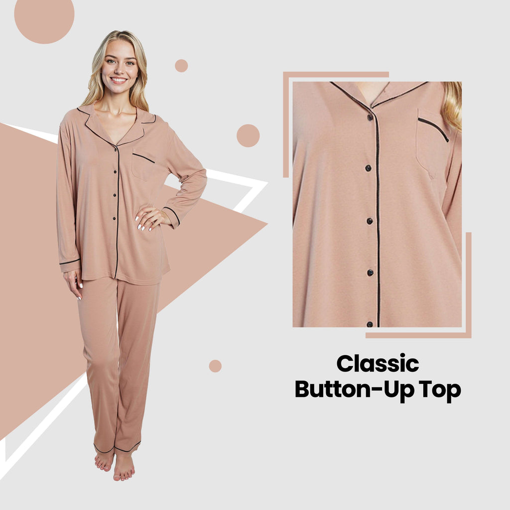 Daisy Dreamer Womens Natural Pyjama Set Soft Touch Fabric Long Sleeve Top Easy Care