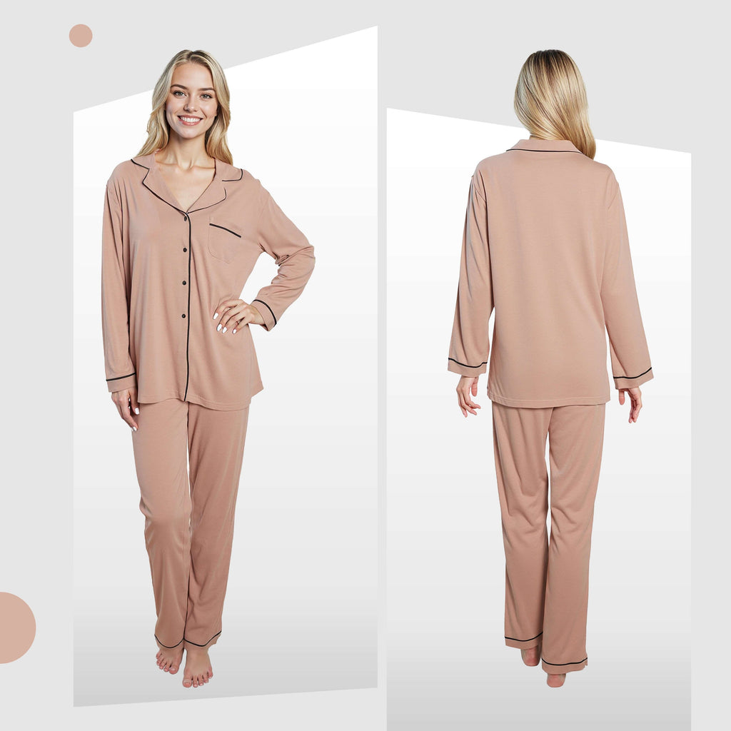 Daisy Dreamer Womens Natural Pyjama Set Soft Touch Fabric Long Sleeve Top Easy Care