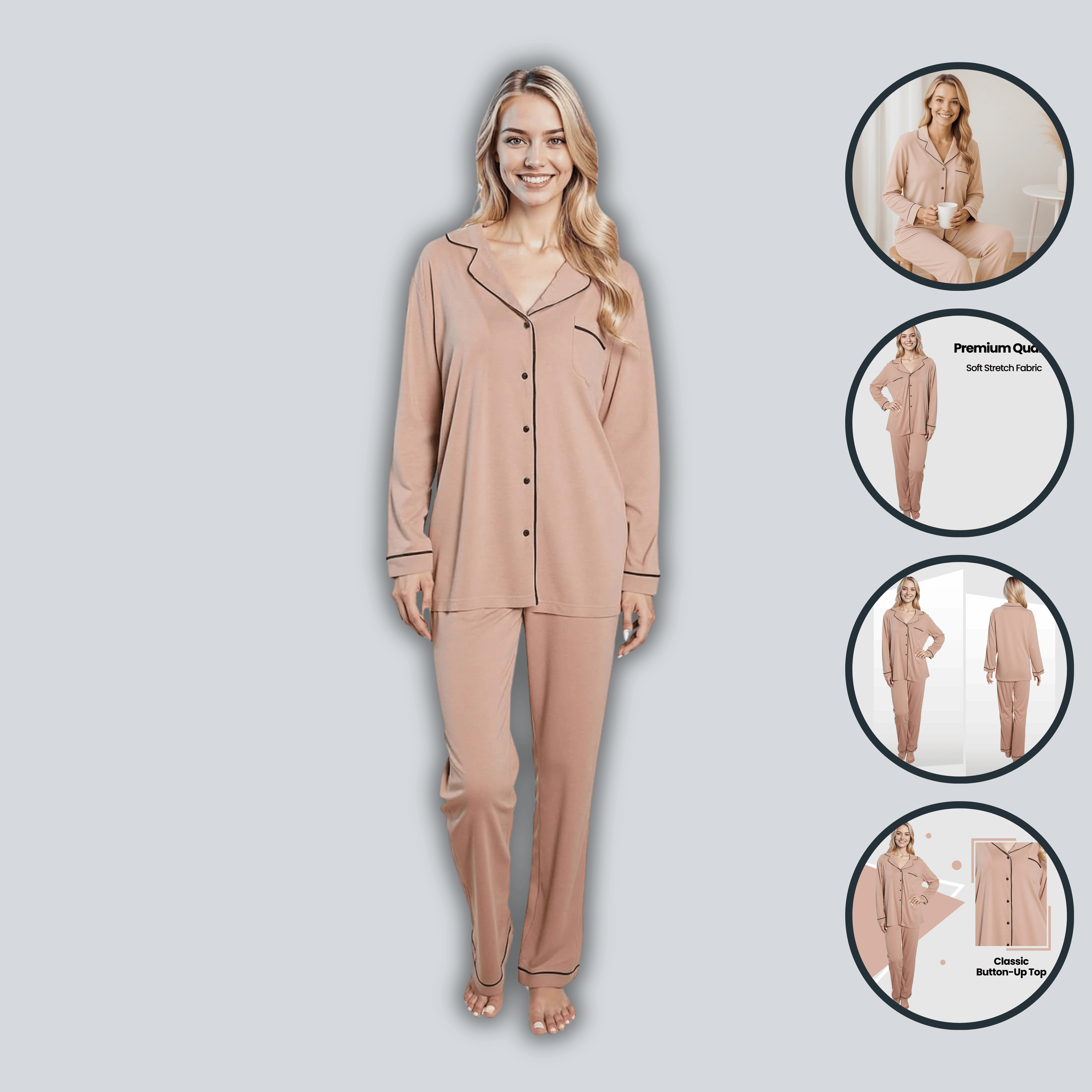 Daisy Dreamer Womens Natural Pyjama Set Soft Touch Fabric Long Sleeve Top Easy Care