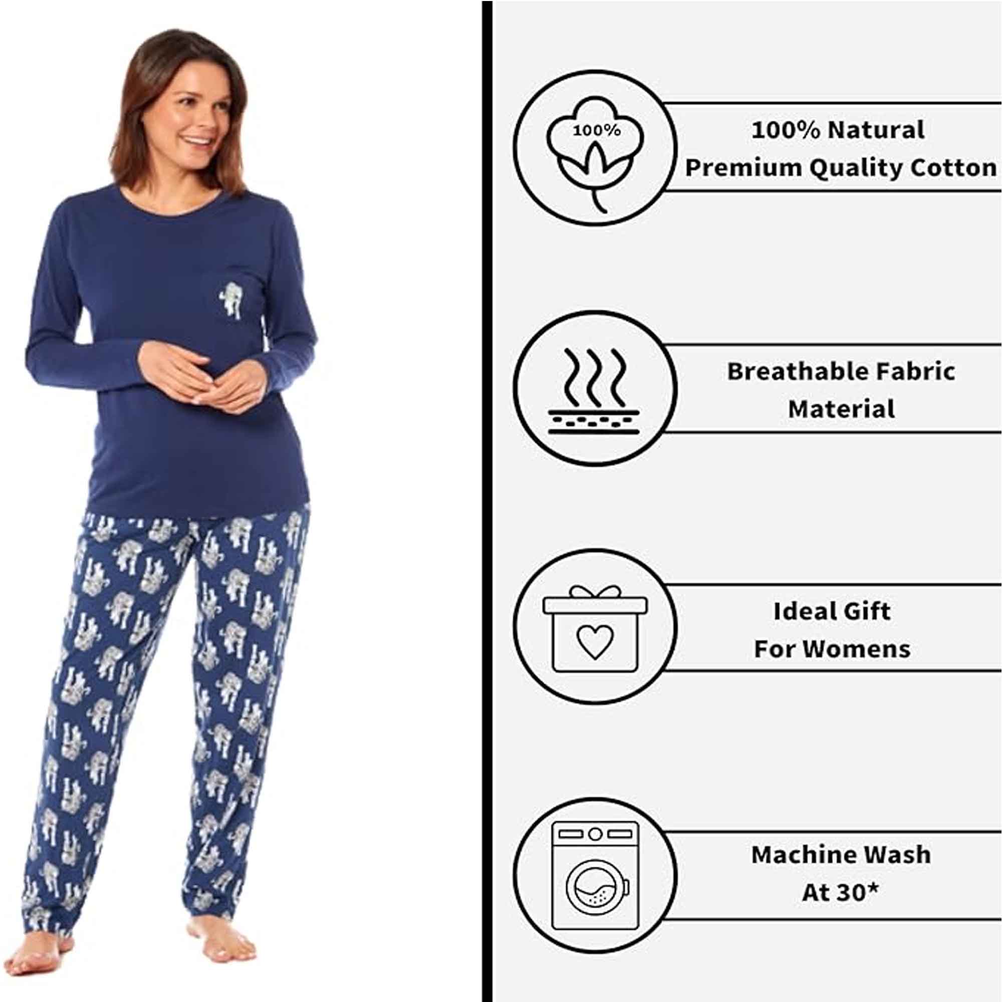 Daisy Dreamer Women's Navy Tiger Print Polar Fleece Pyjama Set Cosy Winter Cotton Rich Cosy Night Set