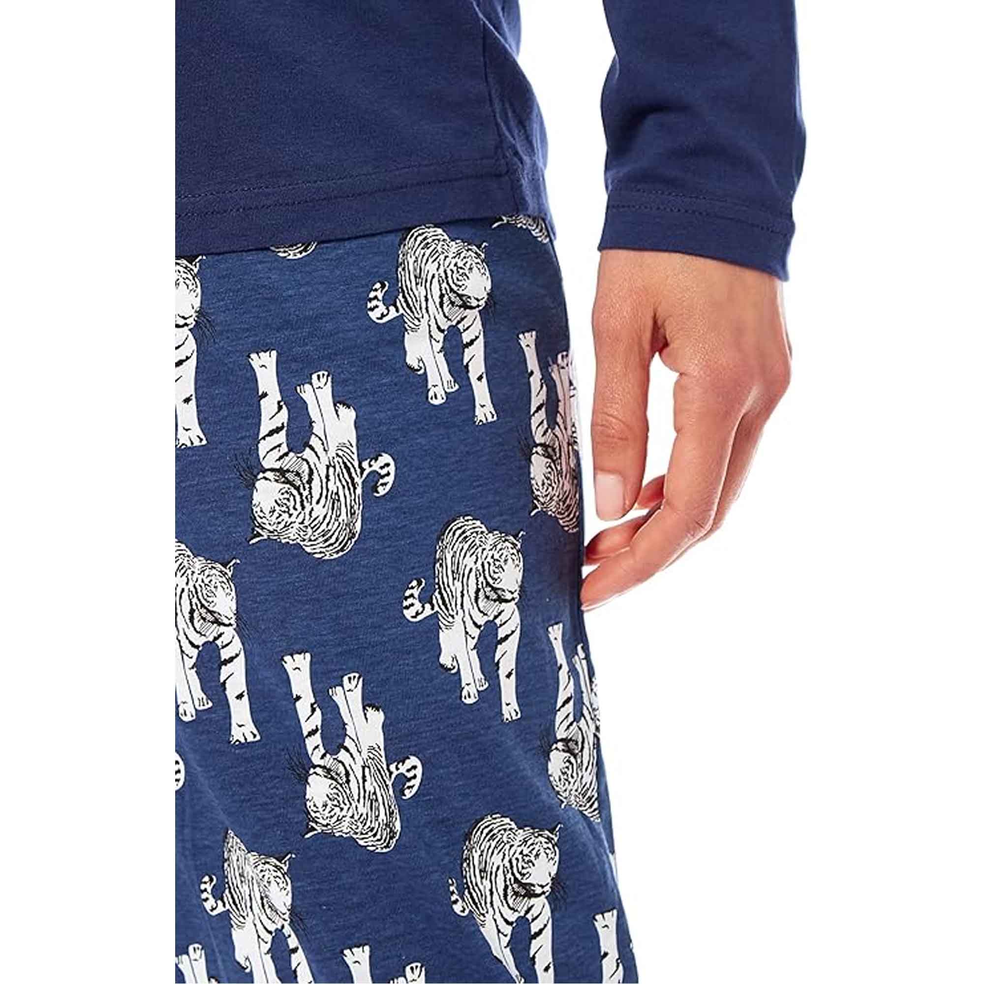 Daisy Dreamer Women's Navy Tiger Print Polar Fleece Pyjama Set Cosy Winter Cotton Rich Cosy Night Set