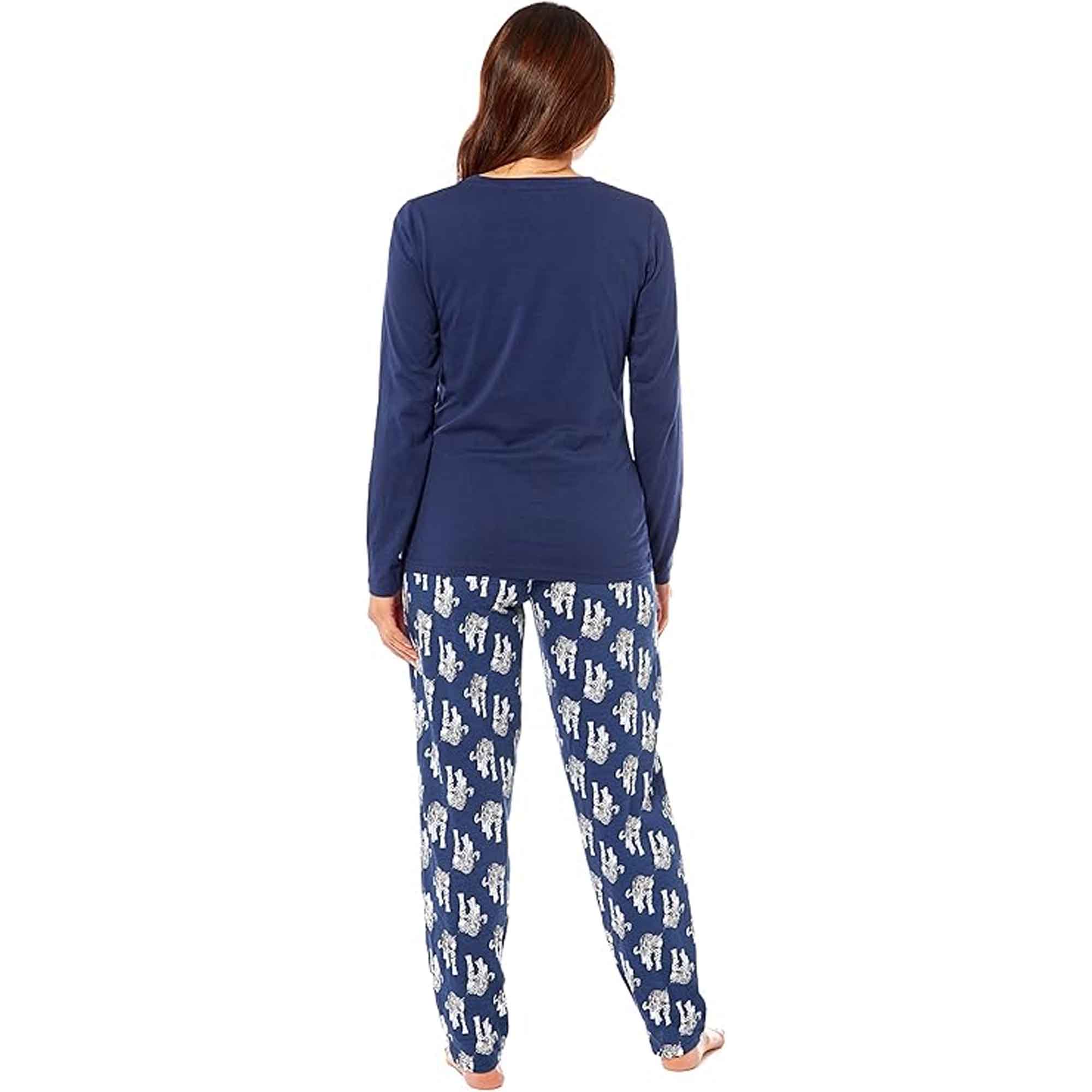 Daisy Dreamer Women's Navy Tiger Print Polar Fleece Pyjama Set Cosy Winter Cotton Rich Cosy Night Set