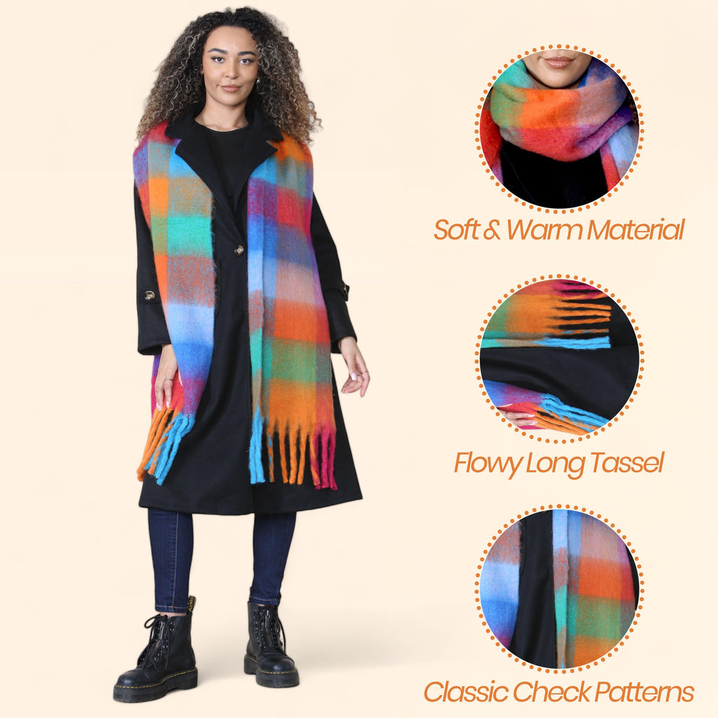 Daisy Dreamer Women's Orange Blue Chunky Knit Plaid Blanket Scarf Long Winter Wrap