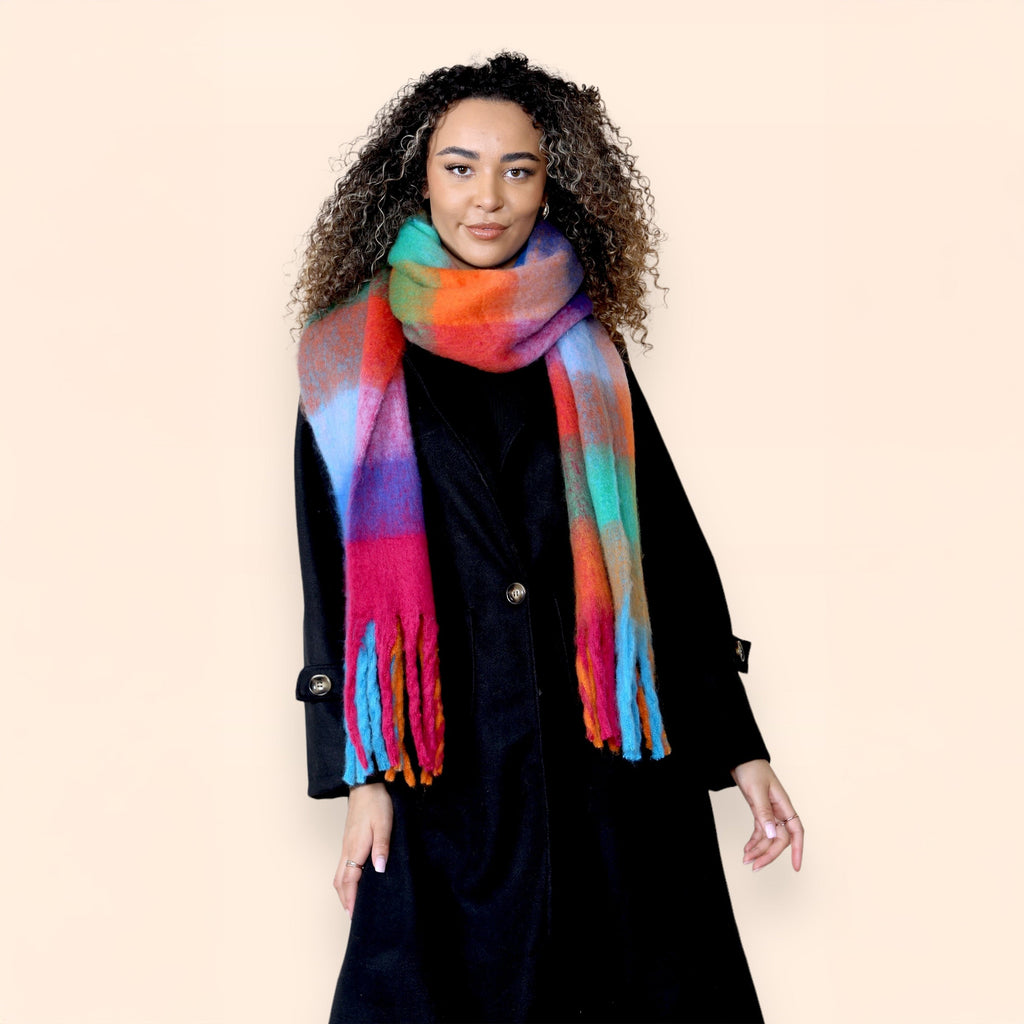Daisy Dreamer Women's Orange Blue Chunky Knit Plaid Blanket Scarf Long Winter Wrap