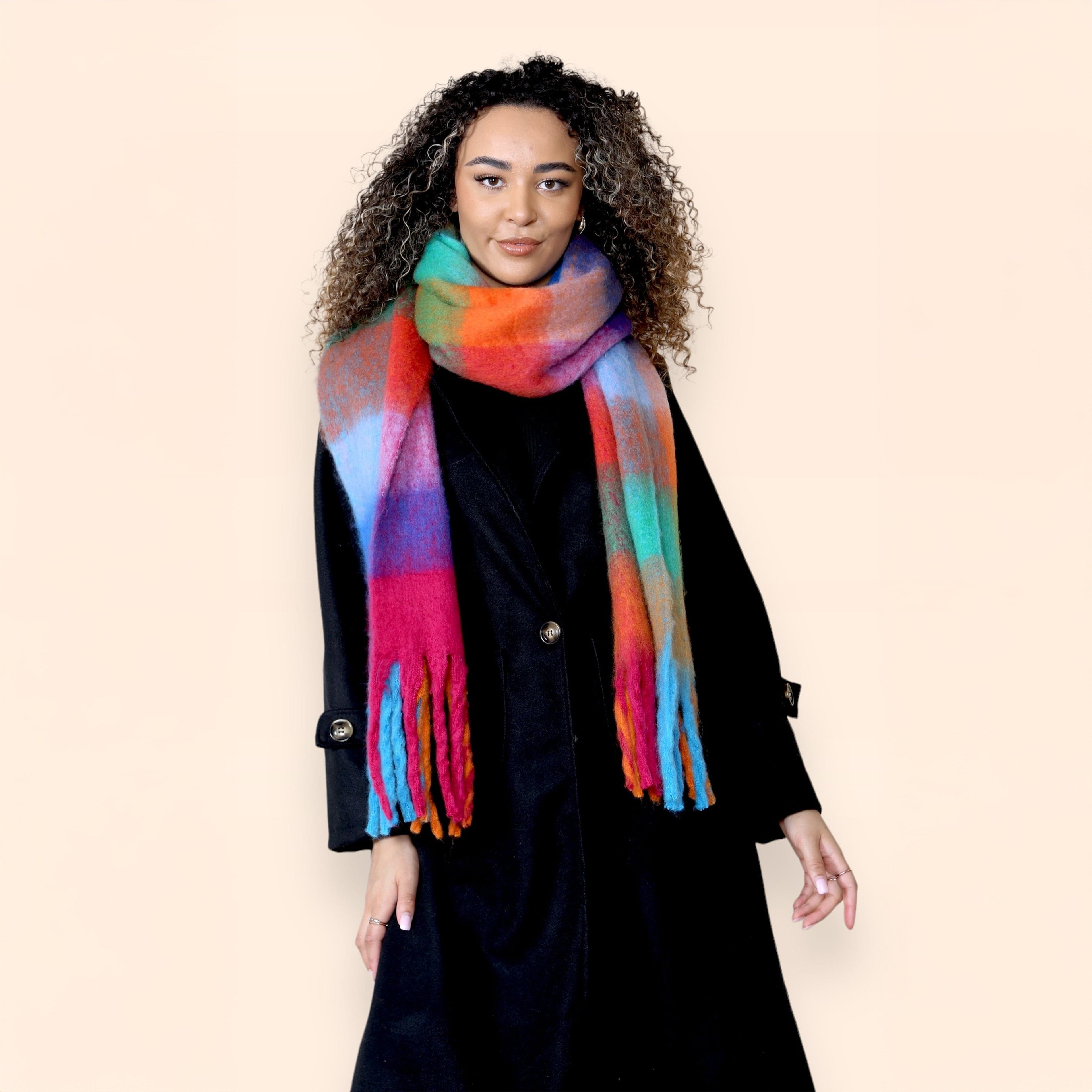 Daisy Dreamer Women's Orange Blue Chunky Knit Plaid Blanket Scarf Long Winter Wrap
