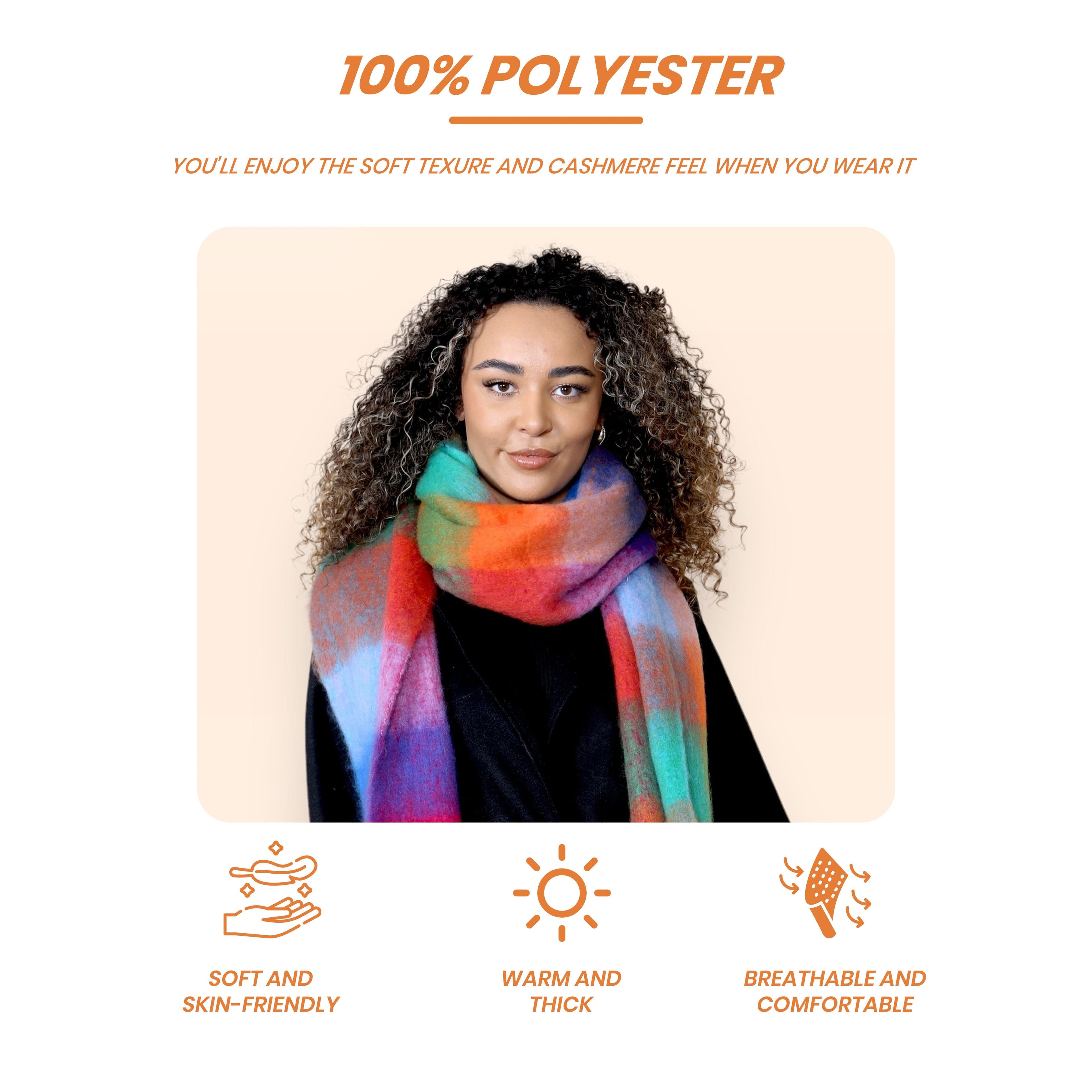Daisy Dreamer Women's Orange Blue Chunky Knit Plaid Blanket Scarf Long Winter Wrap