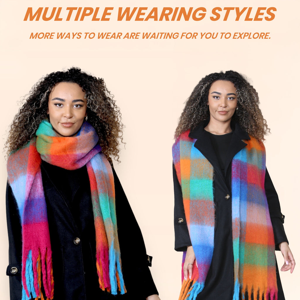 Daisy Dreamer Women's Orange Blue Chunky Knit Plaid Blanket Scarf Long Winter Wrap