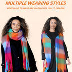 Daisy Dreamer Women's Orange Blue Chunky Knit Plaid Blanket Scarf Long Winter Wrap