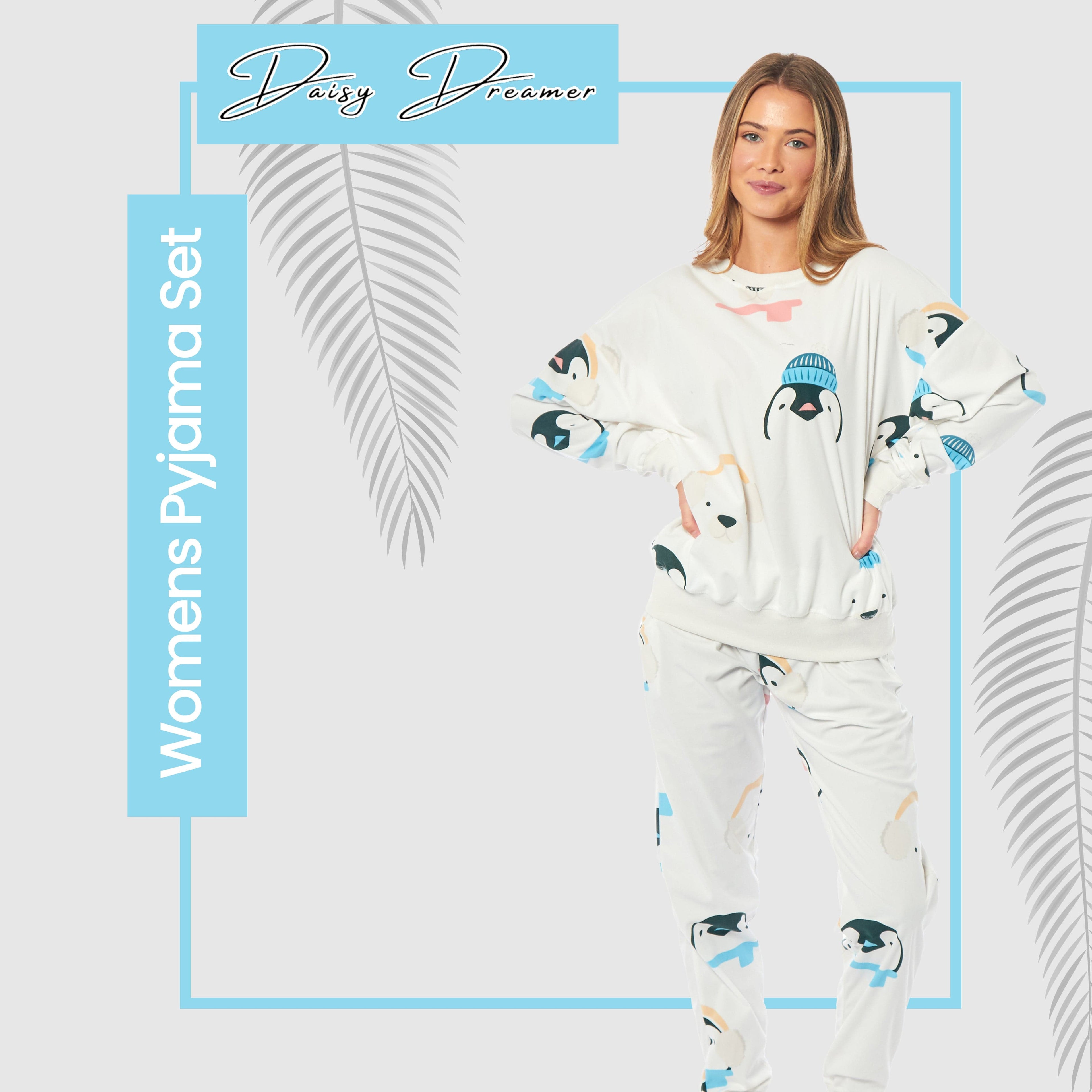 Daisy Dreamer Women's Fleece Pyjama Set Penguins And Polar Bears Long Sleeve Animal Print