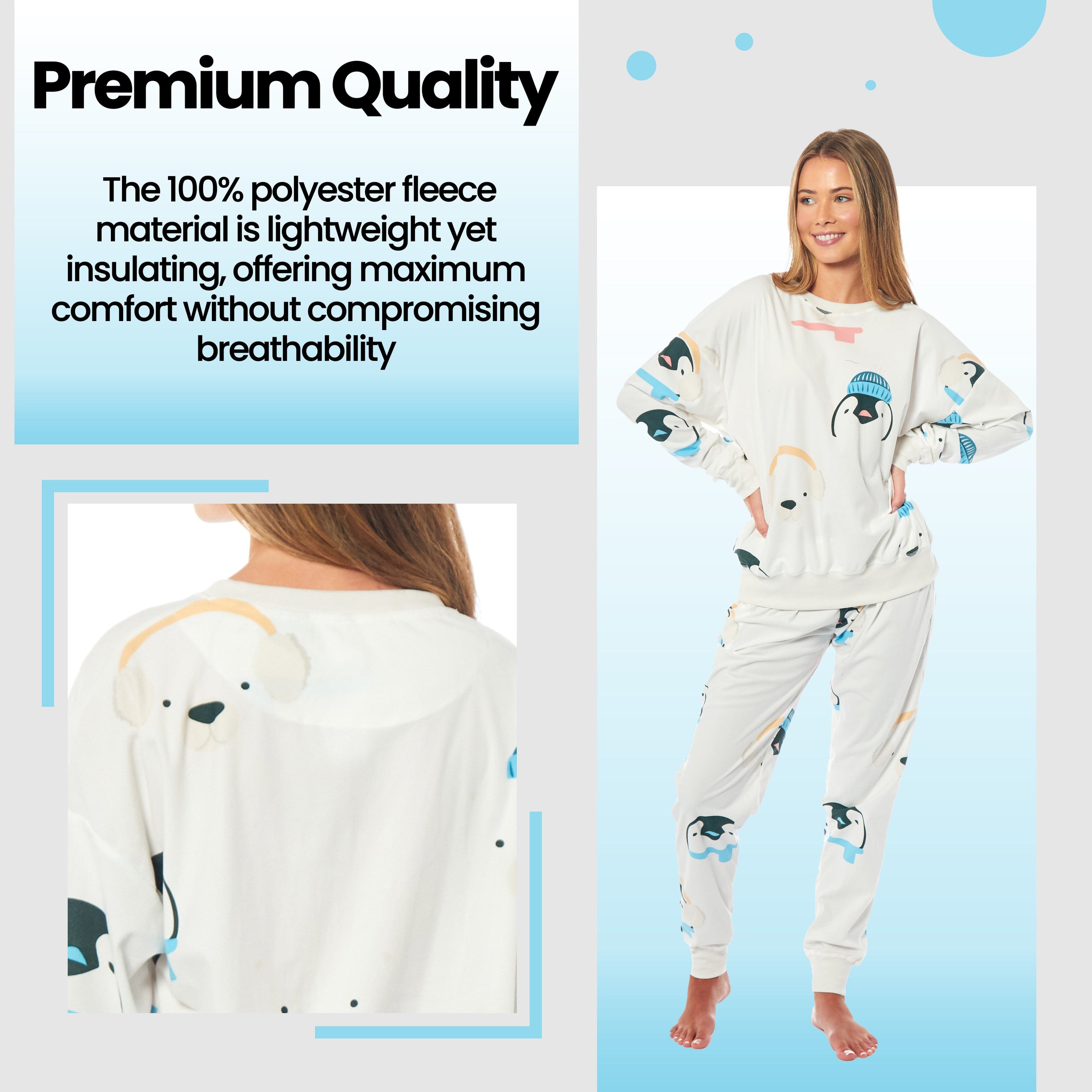 Daisy Dreamer Women's Fleece Pyjama Set Penguins And Polar Bears Long Sleeve Animal Print