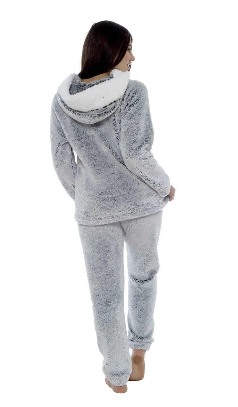 Daisy Dreamer Women's Plush Fleece Hooded Pyjama Set in Shimmer Grey Cosy Winter