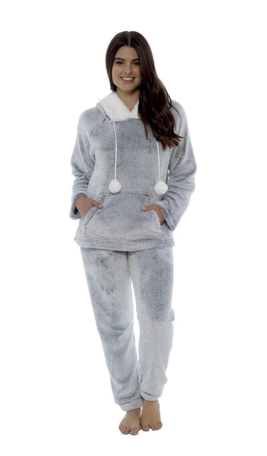 Daisy Dreamer Women's Plush Fleece Hooded Pyjama Set in Shimmer Grey Cosy Winter