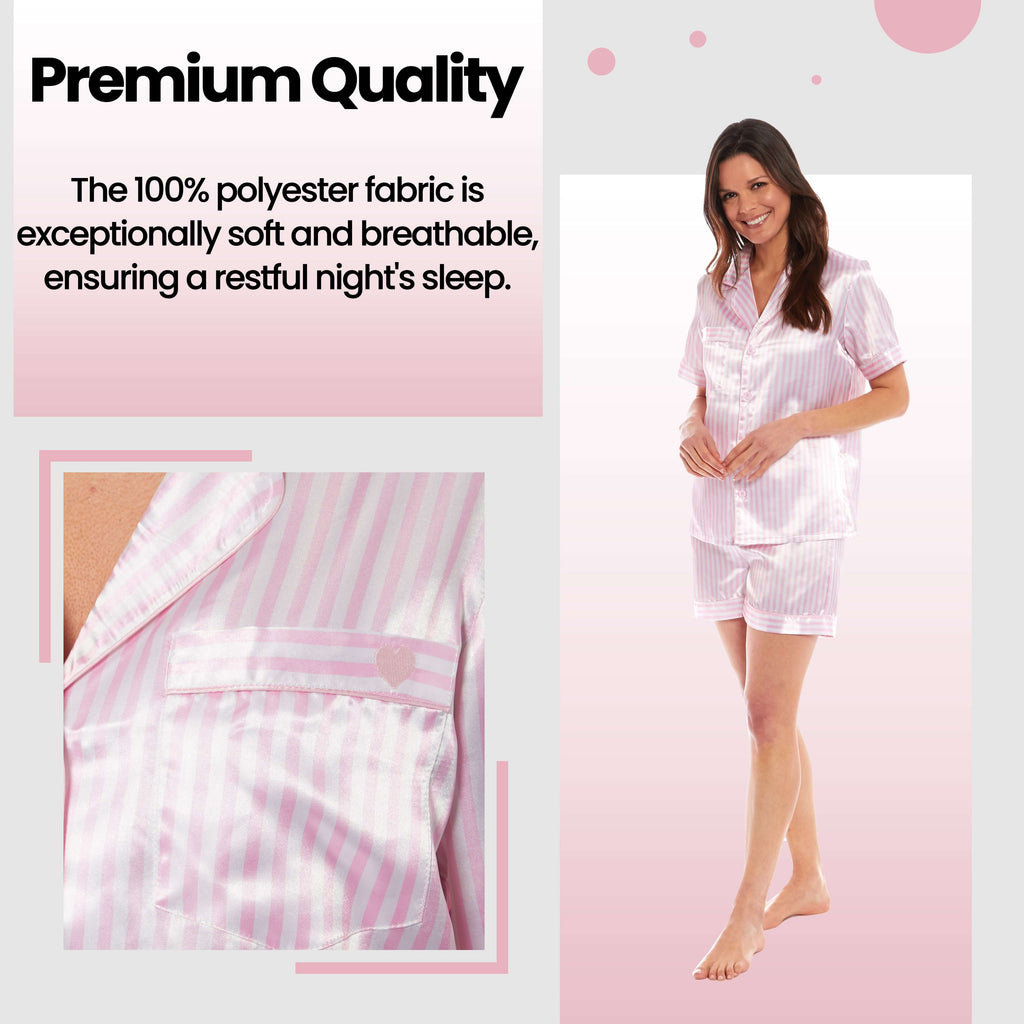 Daisy Dreamer Women's Satin Silk Short Pyjama Set Black Pink Grey UK Sizes 8-22 Easy-Care Cotton Rich Sleep Set