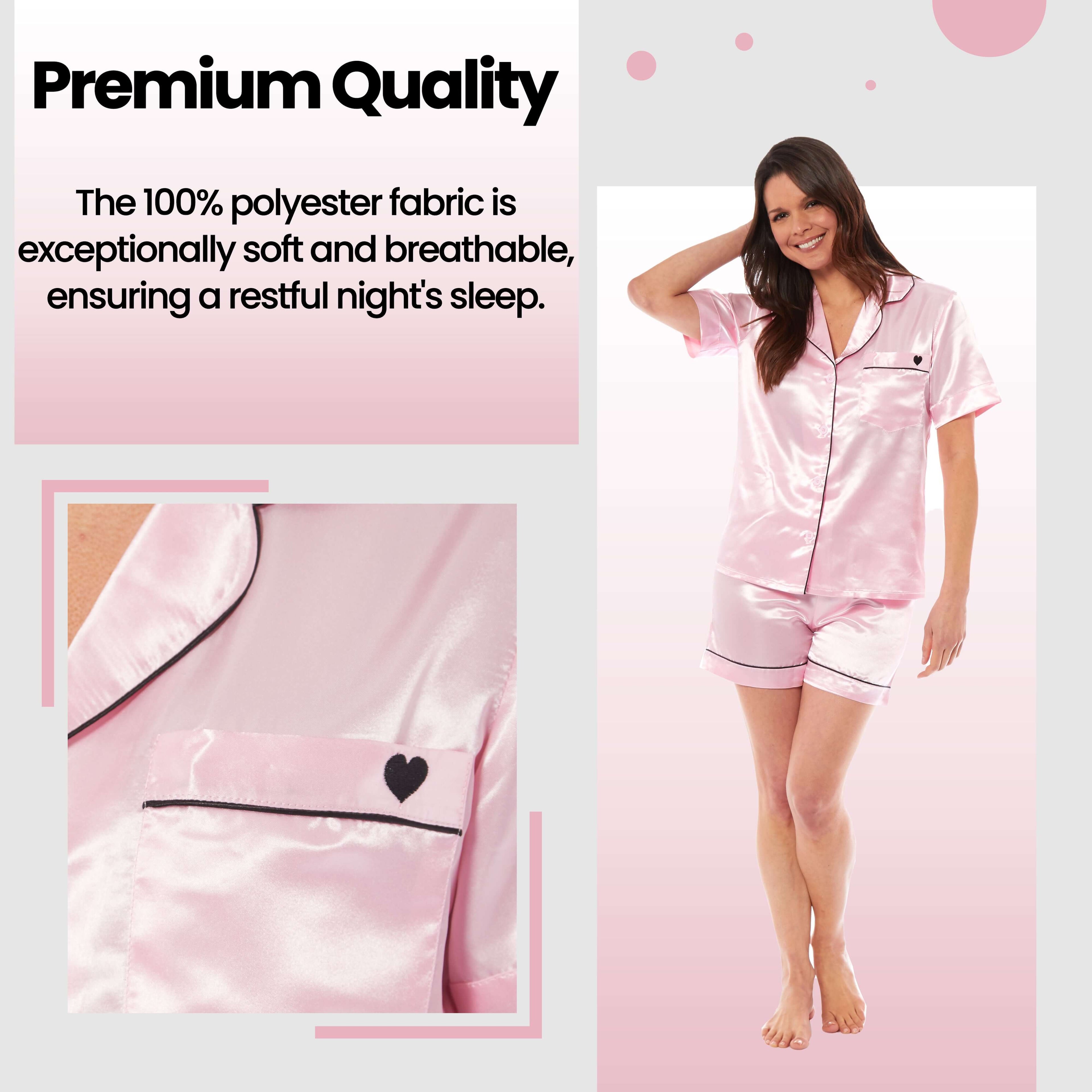 Daisy Dreamer Women's Satin Silk Short Pyjama Set Black Pink Grey UK Sizes 8-22 Easy-Care Cotton Rich Sleep Set