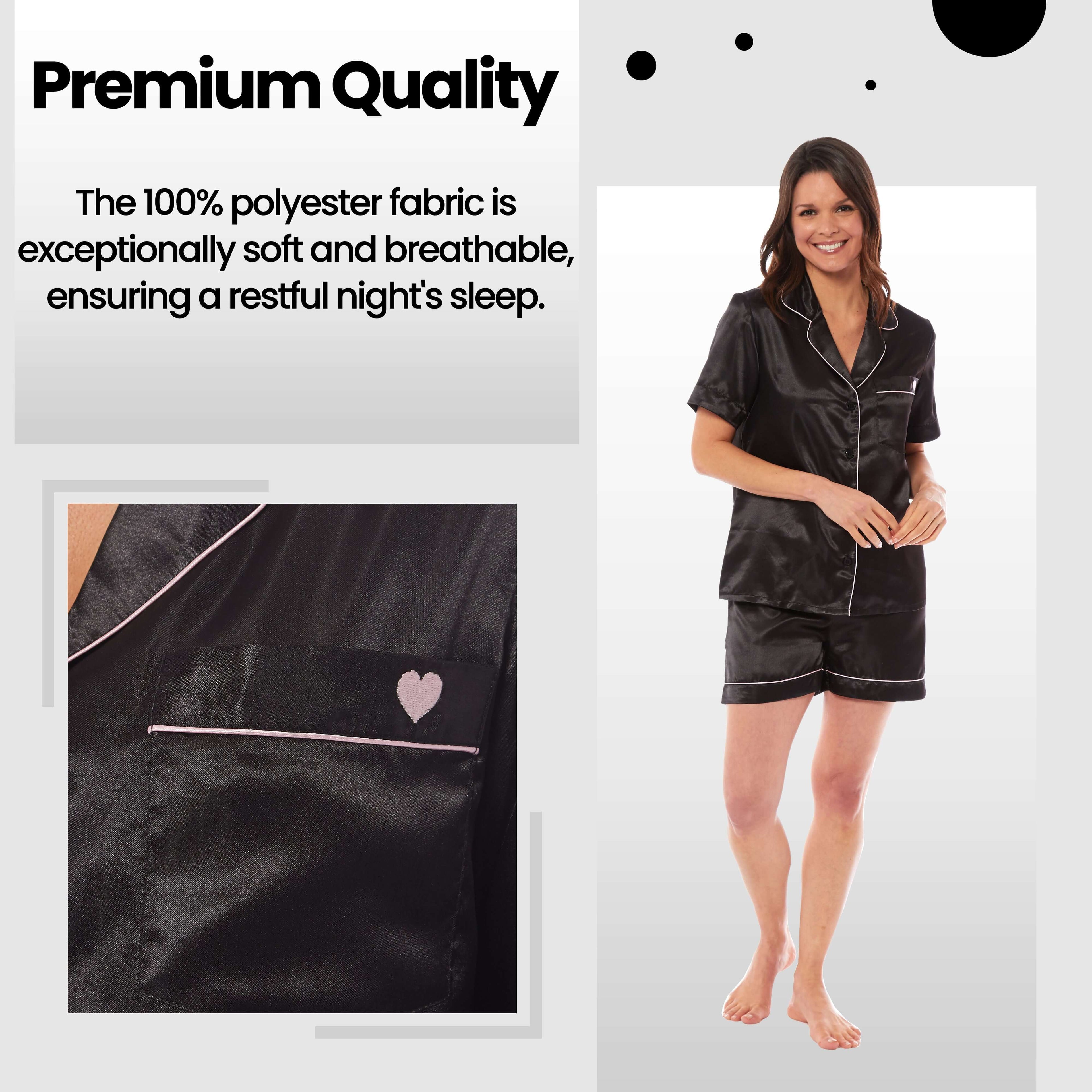 Daisy Dreamer Women's Satin Silk Short Pyjama Set Black Pink Grey UK Sizes 8-22 Easy-Care Cotton Rich Sleep Set