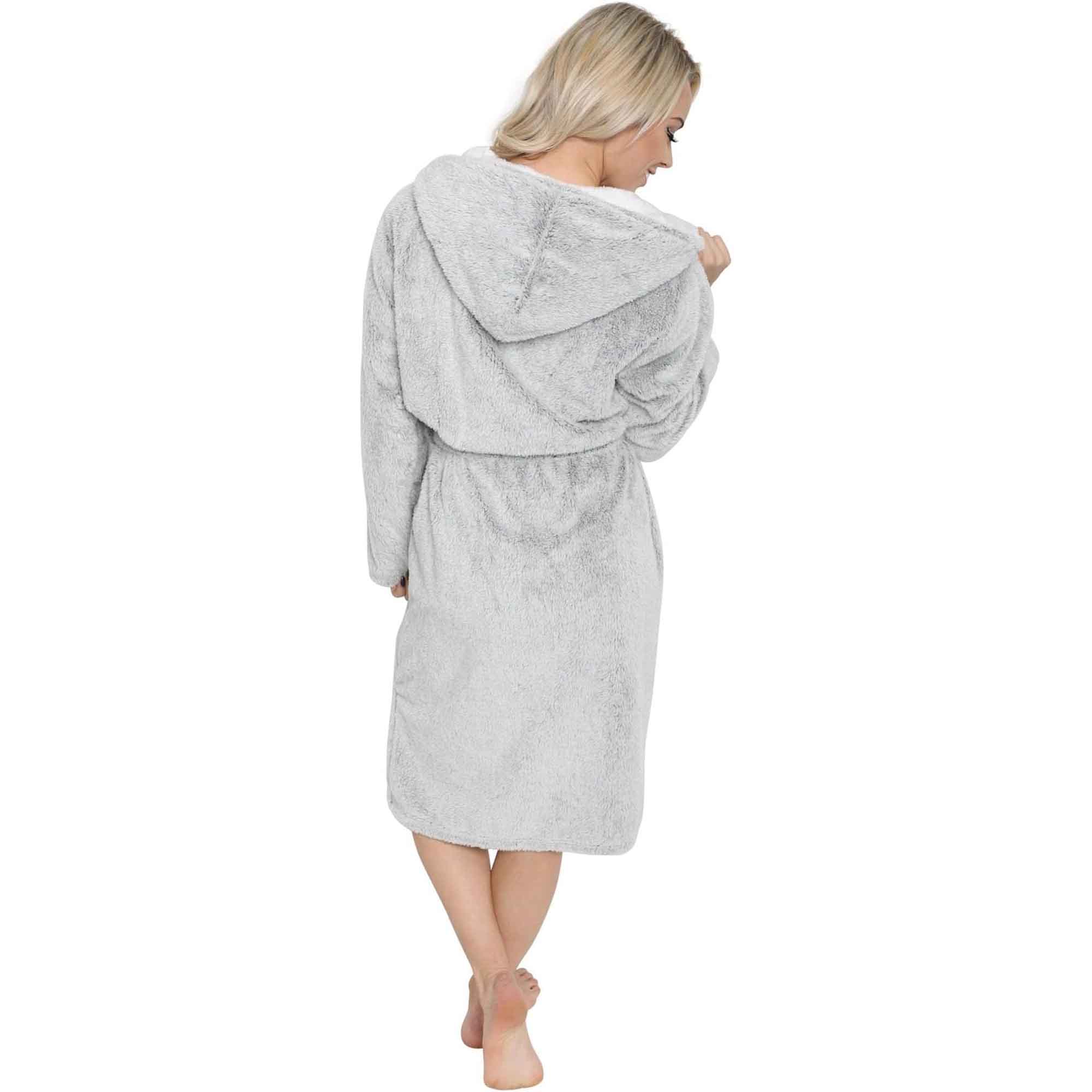 Daisy Dreamer Women's Shimmer Grey Fleece Hooded Bathrobe With Sherpa Lining Ultra-Soft