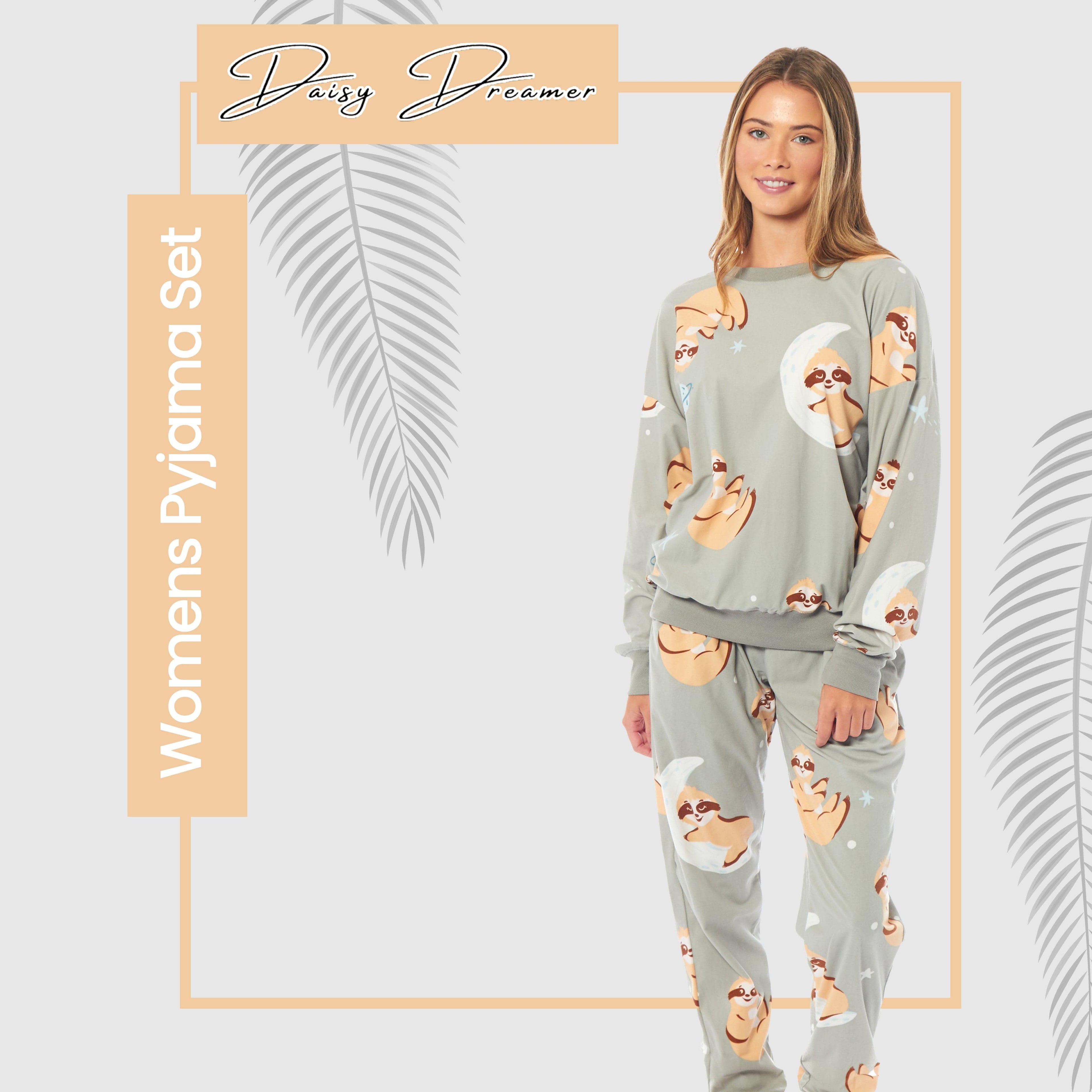Daisy Dreamer Women's Sloth Fleece Pyjama Set Long Sleeve Animal Print Warm Sleepwear