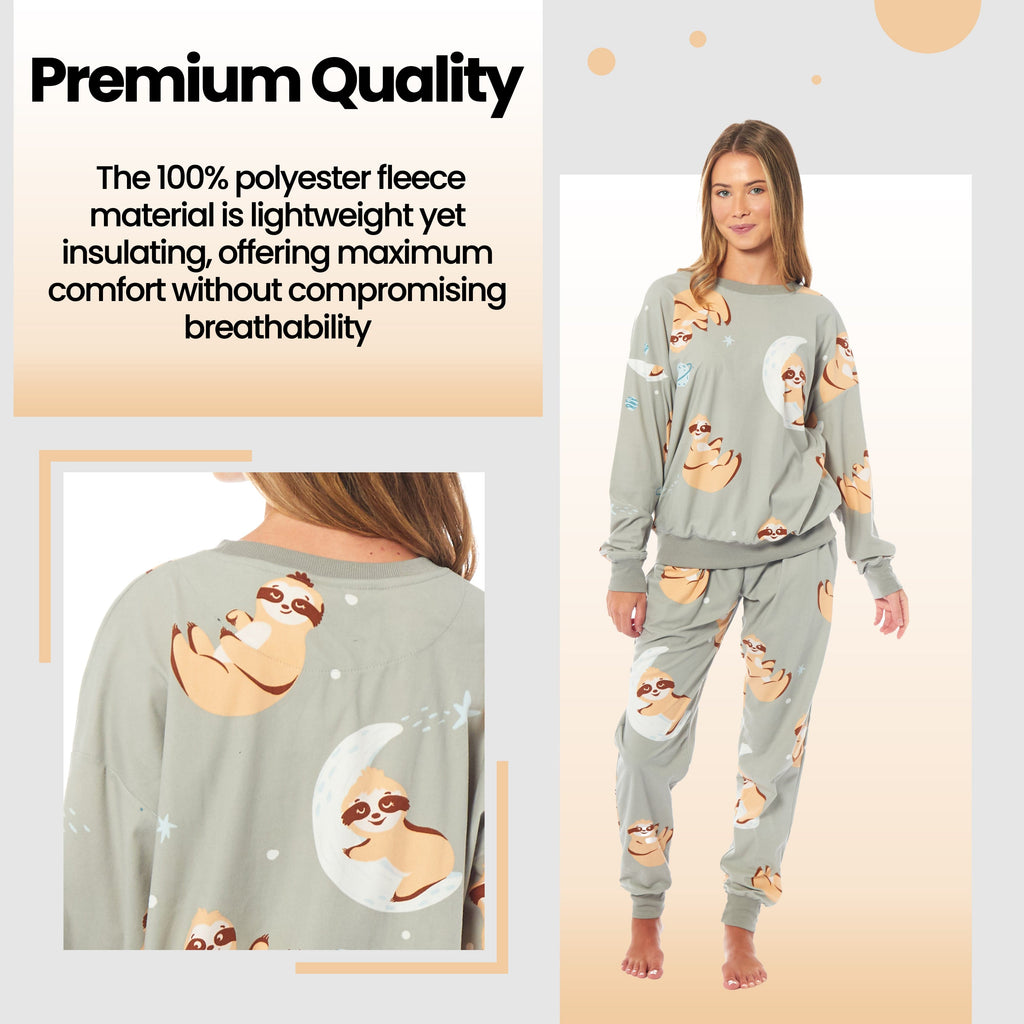 Daisy Dreamer Women's Sloth Fleece Pyjama Set Long Sleeve Animal Print Warm Sleepwear