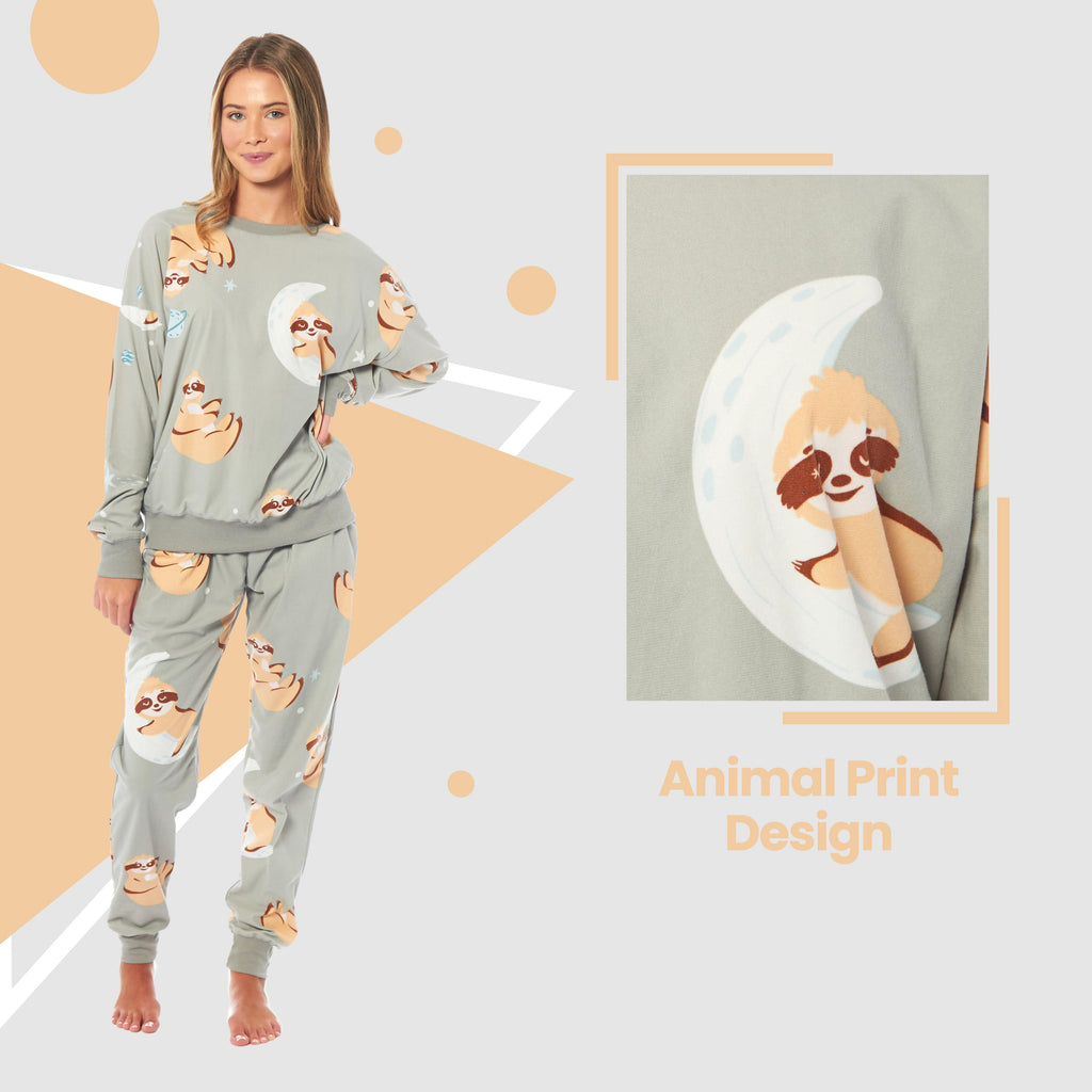 Daisy Dreamer Women's Sloth Fleece Pyjama Set Long Sleeve Animal Print Warm Sleepwear