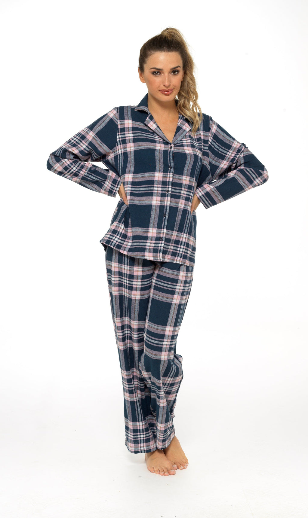 OLIVIA ROCCO Women's Flannelette Check Pyjama Set Soft Brushed Cotton With Elasticated Waistband UK Sizes 8-22 Classic Sleepwear