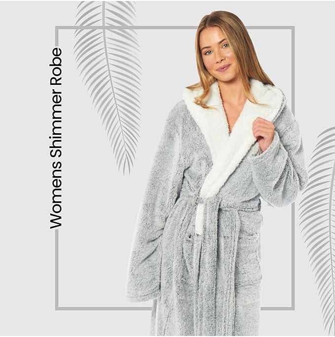 Daisy Dreamer Womens Shimmer Fleece Hooded Bath Robe Soft Plush Luxury Gown Cosy Winter