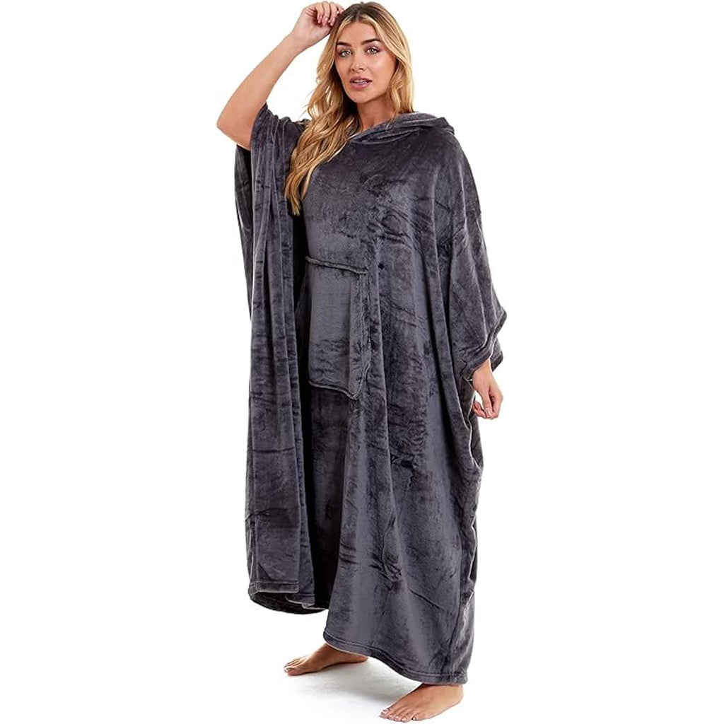 Daisy Dreamer Women's Hooded Poncho Blanket Navy Charcoal Flannel Fleece Cosy Loungewear