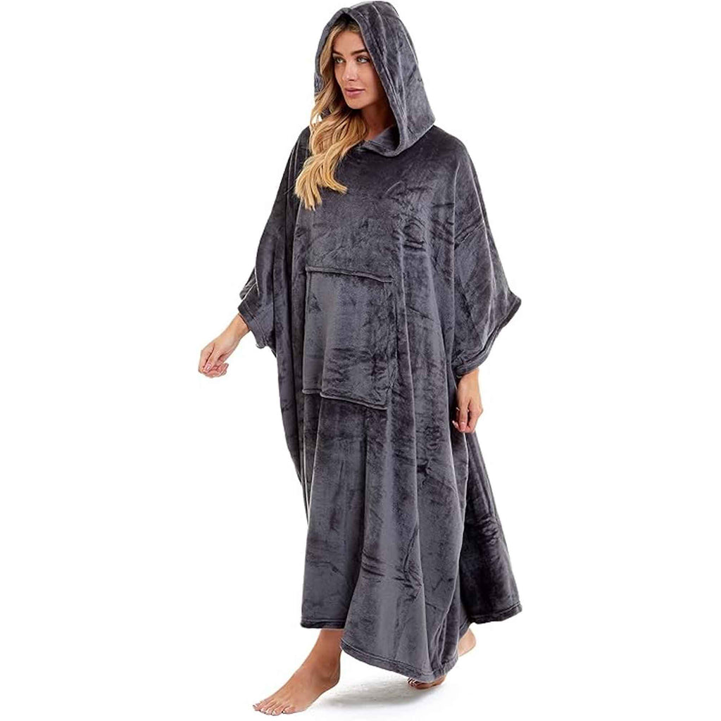 Daisy Dreamer Women's Hooded Poncho Blanket Navy Charcoal Flannel Fleece Cosy Loungewear