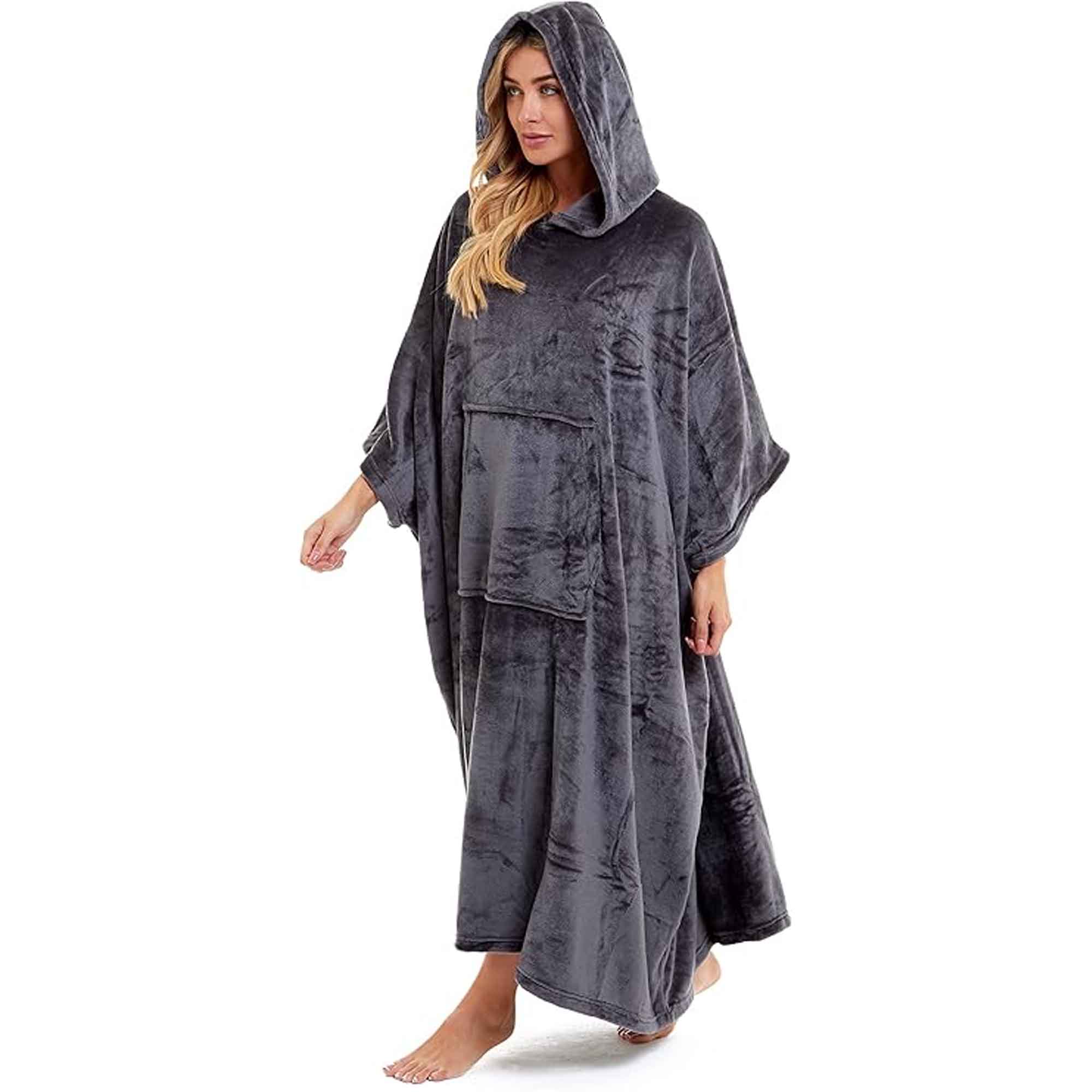 Daisy Dreamer Women's Hooded Poncho Blanket Navy Charcoal Flannel Fleece Cosy Loungewear