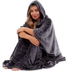 Daisy Dreamer Women's Hooded Poncho Blanket Navy Charcoal Flannel Fleece Cosy Loungewear