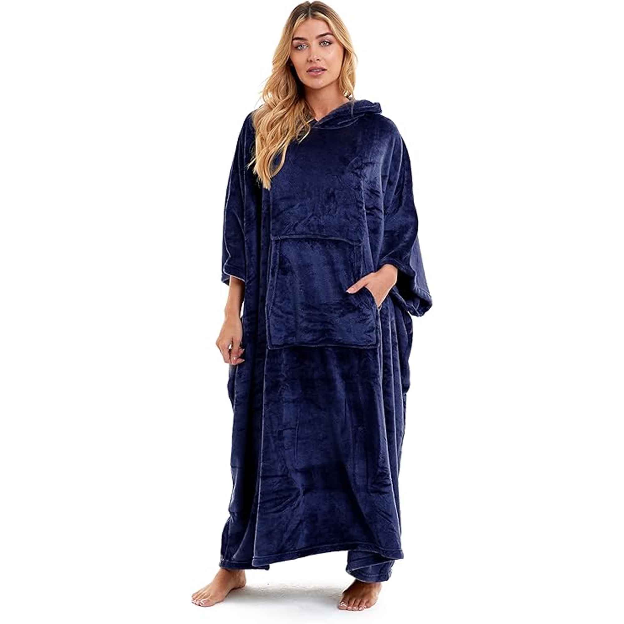 Daisy Dreamer Women's Hooded Poncho Blanket Navy Charcoal Flannel Fleece Cosy Loungewear