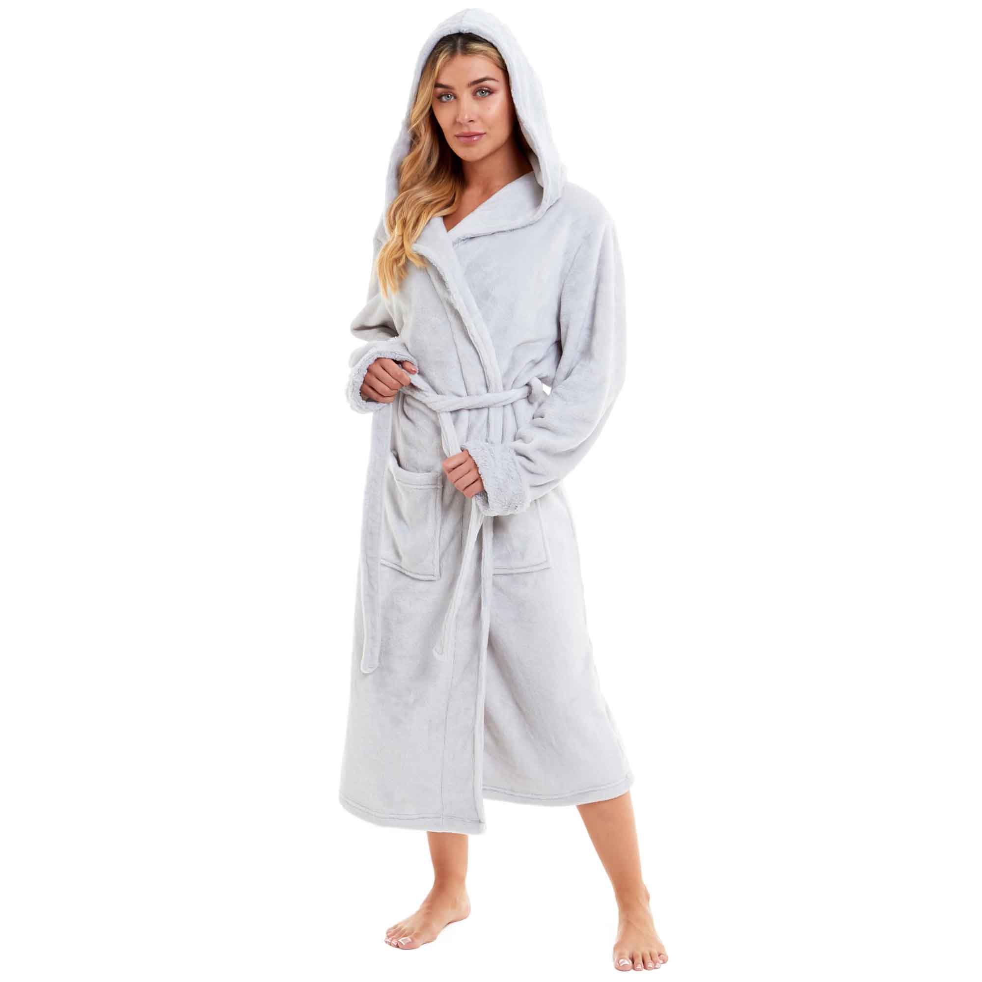 Daisy Dreamer Women's Faux Fur Hooded Robe Plush Fleece Loungewear Bathrobe Pink Grey Cotton Rich Easy-Care Bath Robe