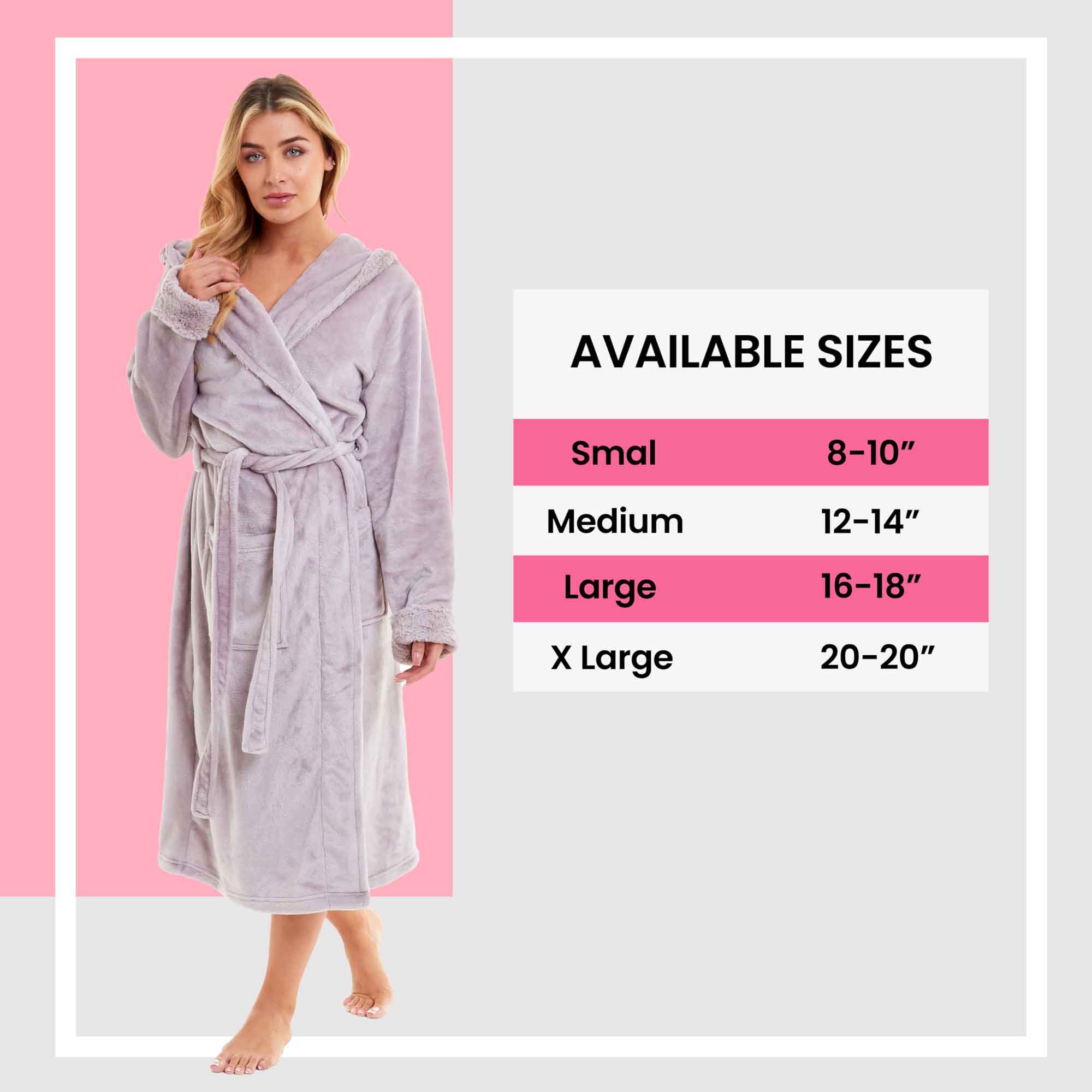 Daisy Dreamer Women's Faux Fur Hooded Robe Plush Fleece Loungewear Bathrobe Pink Grey Cotton Rich Easy-Care Bath Robe