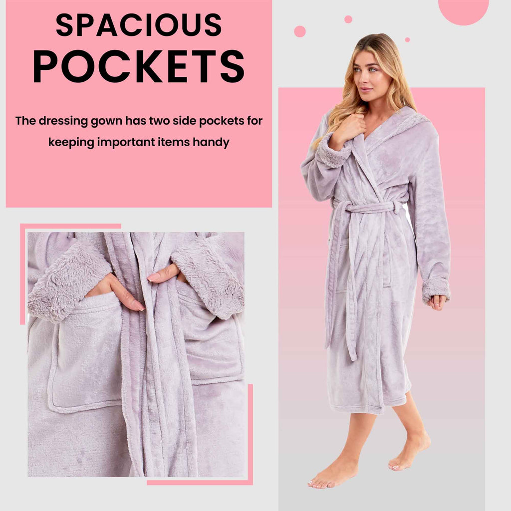 Daisy Dreamer Women's Faux Fur Hooded Robe Plush Fleece Loungewear Bathrobe Pink Grey Cotton Rich Easy-Care Bath Robe