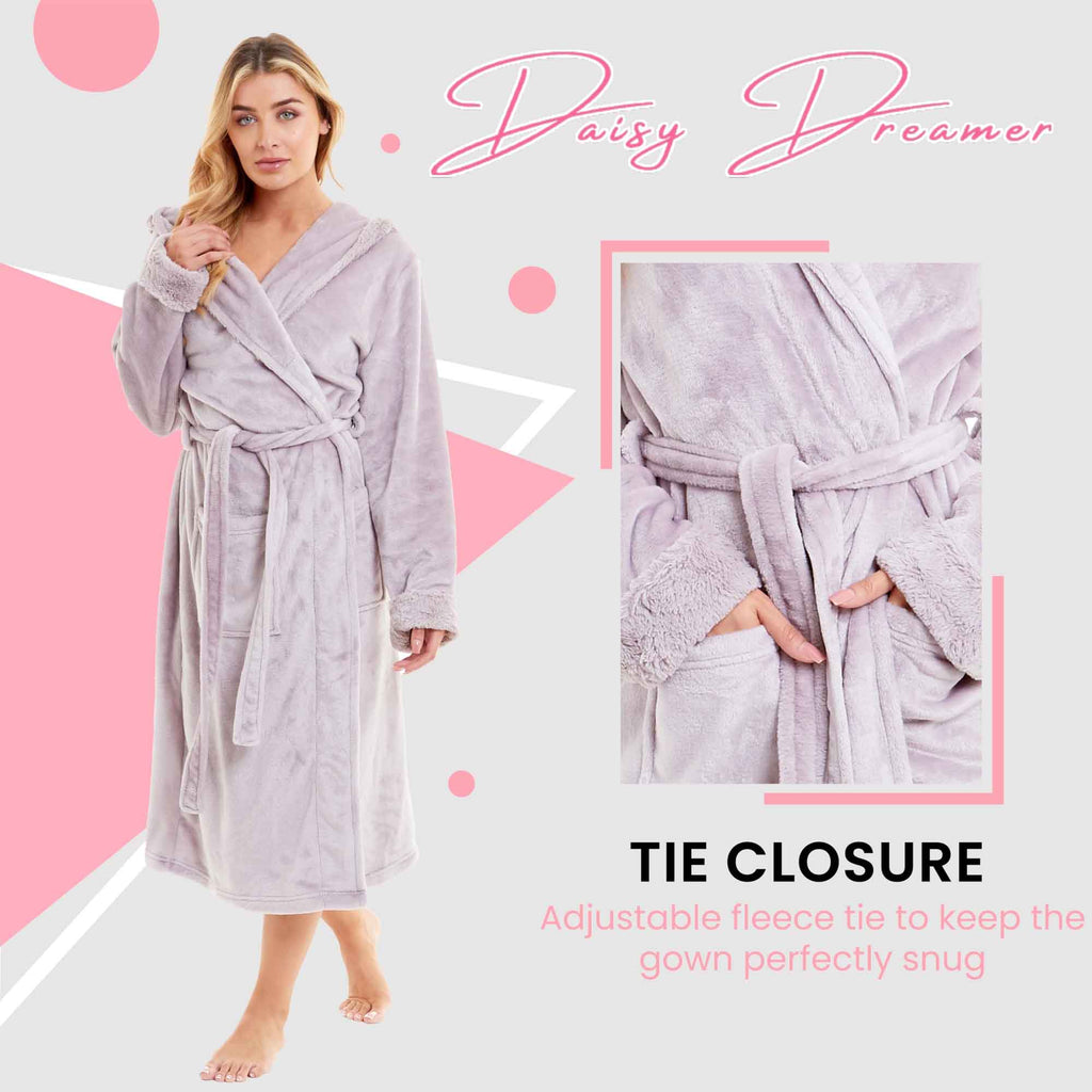 Daisy Dreamer Women's Faux Fur Hooded Robe Plush Fleece Loungewear Bathrobe Pink Grey Cotton Rich Easy-Care Bath Robe