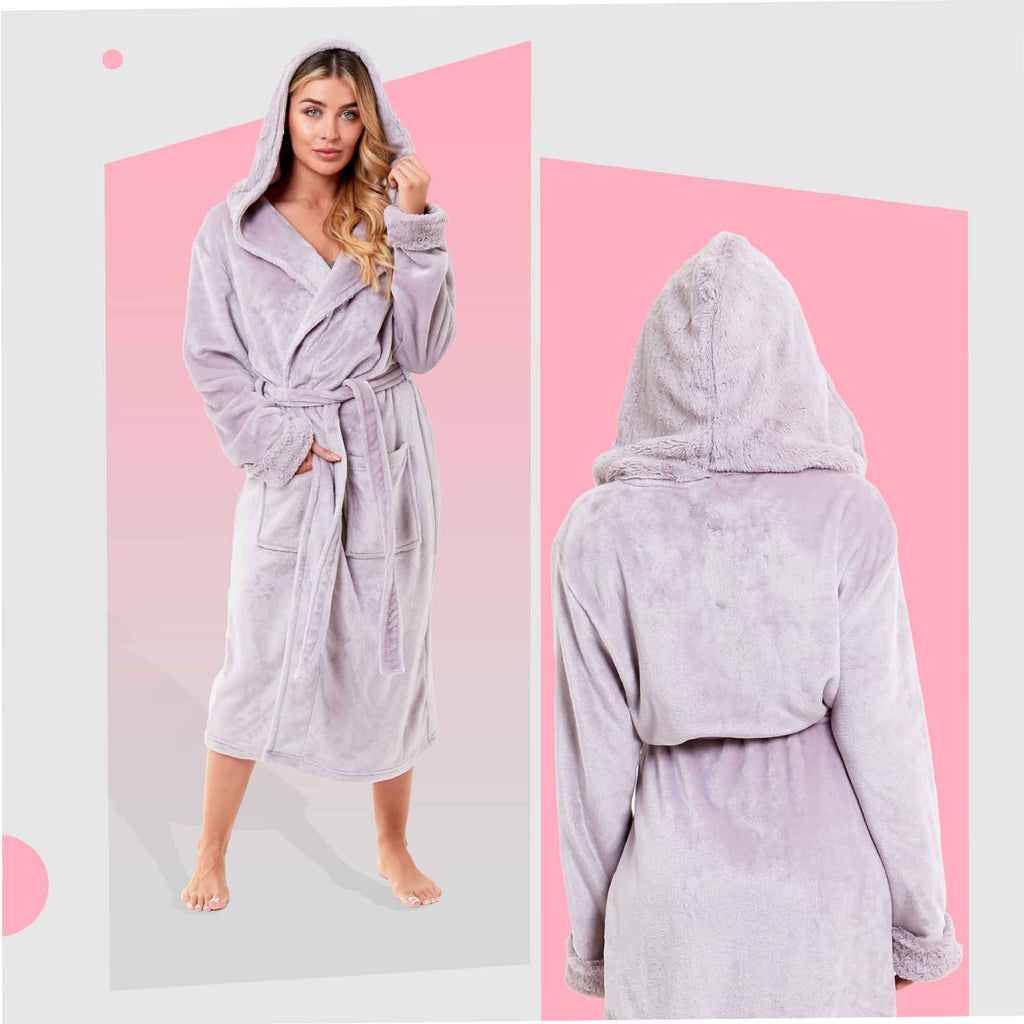 Daisy Dreamer Women's Faux Fur Hooded Robe Plush Fleece Loungewear Bathrobe Pink Grey Cotton Rich Easy-Care Bath Robe