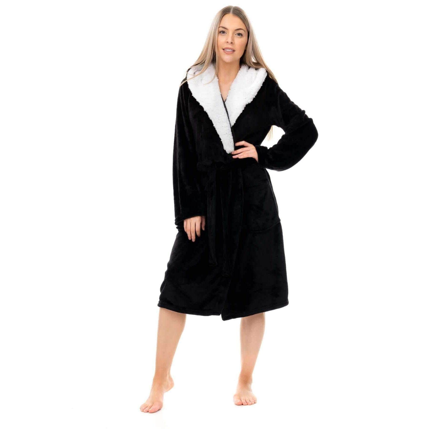 Daisy Dreamer Womens Plush Fleece Hooded Bathrobe Velvet Fluffy Loungewear Long Sleeve