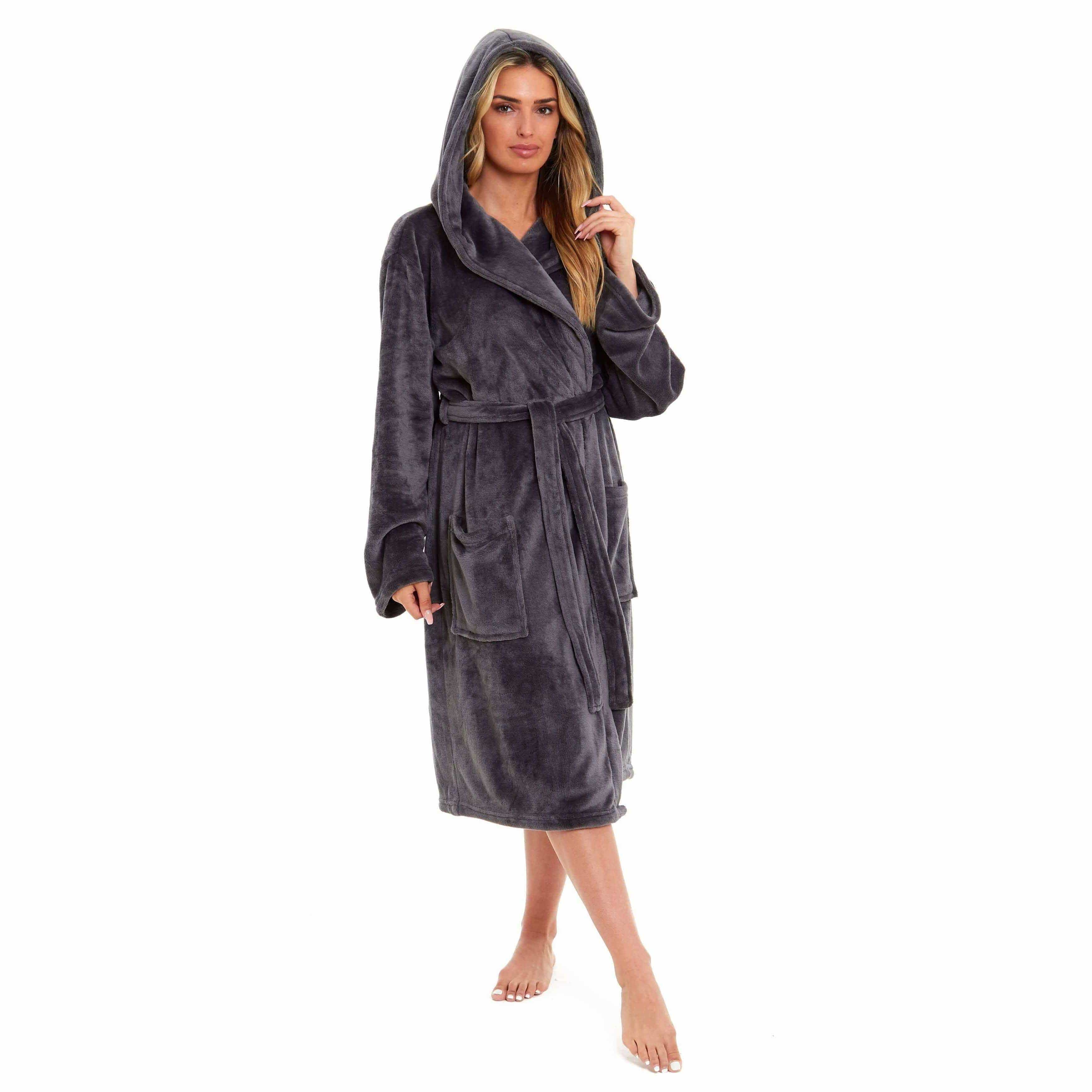 Daisy Dreamer Womens Plush Fleece Hooded Bathrobe Velvet Fluffy Loungewear Long Sleeve