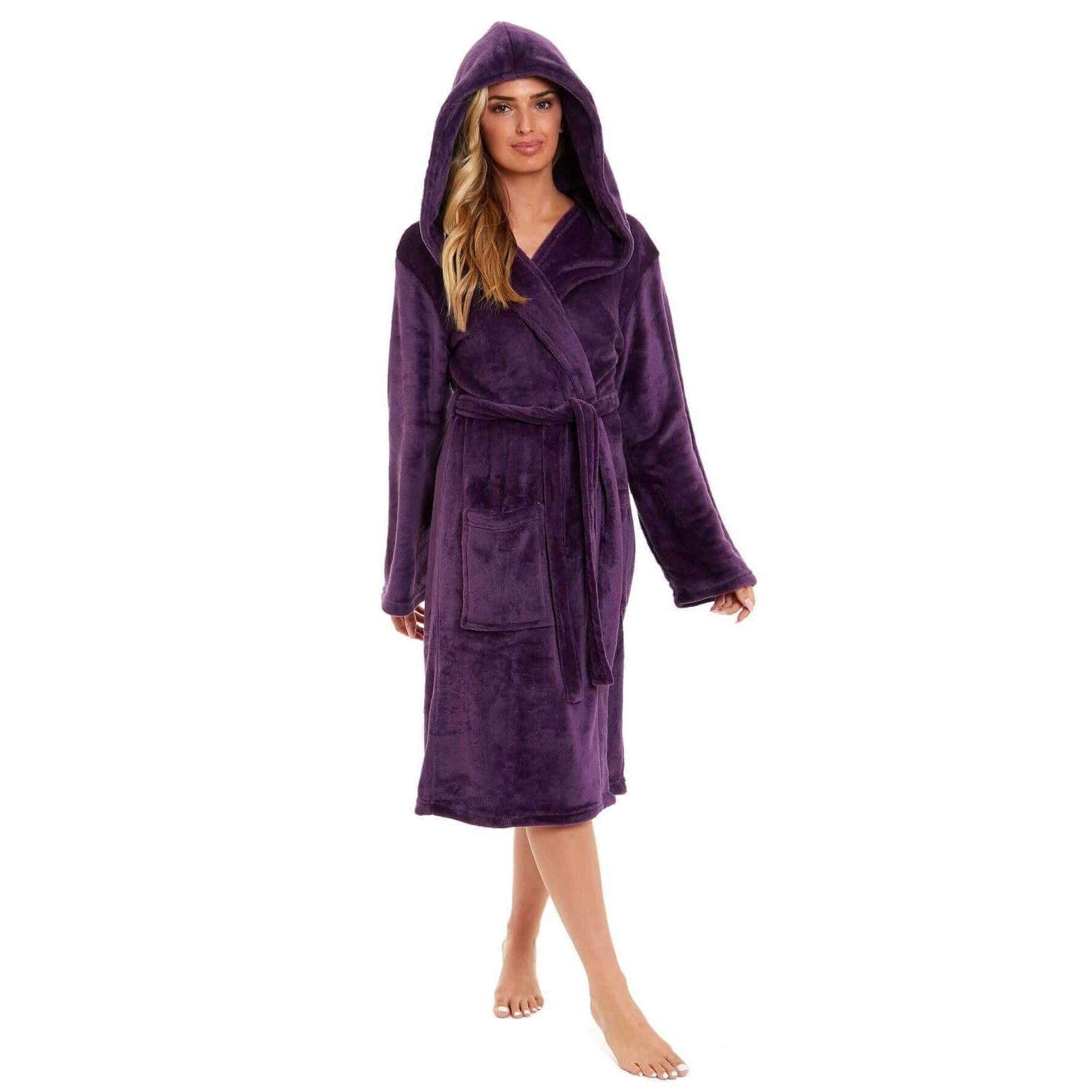 Daisy Dreamer Womens Plush Fleece Hooded Bathrobe Velvet Fluffy Loungewear Long Sleeve