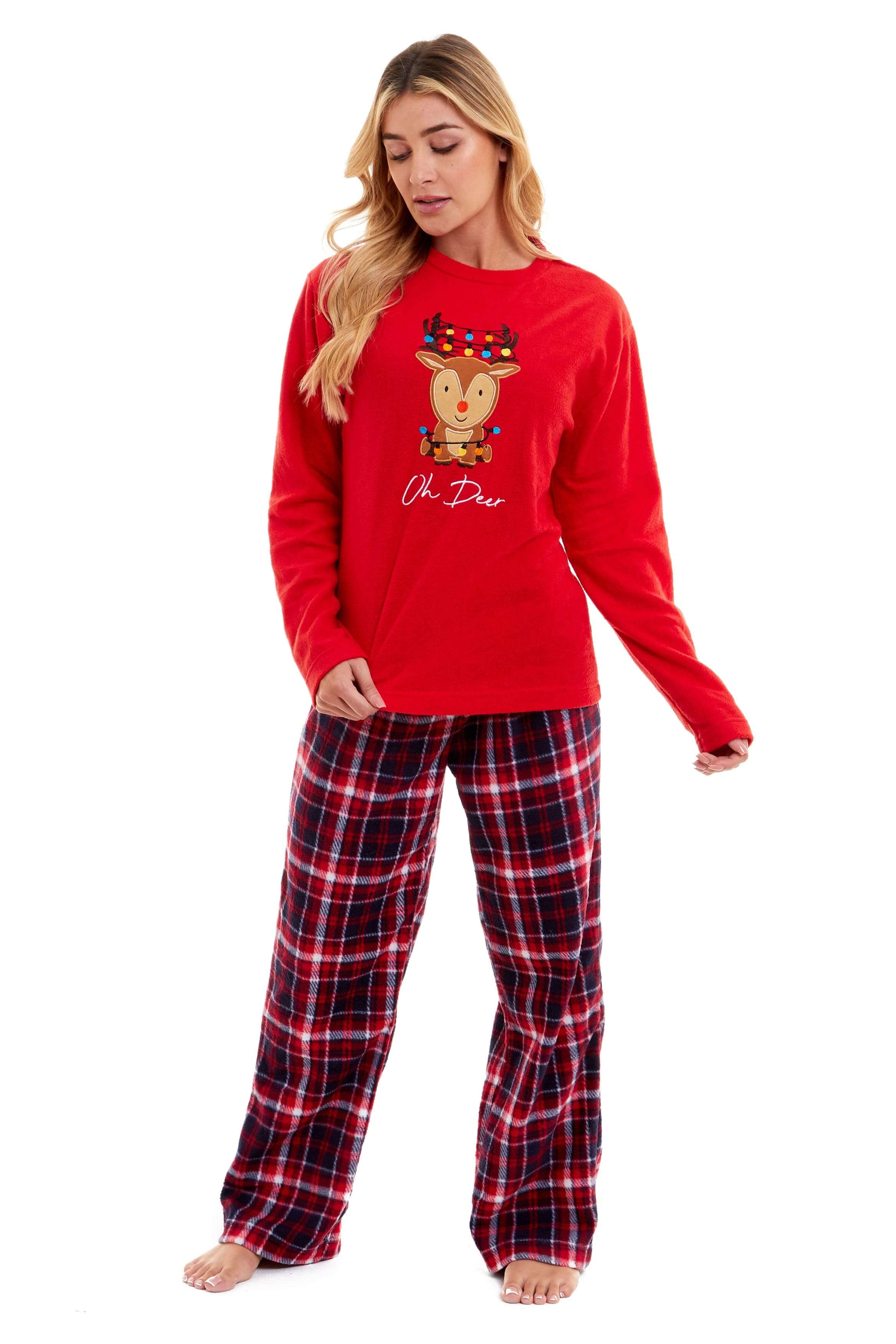 Daisy Dreamer Women's Reindeer Polar Fleece Pyjama Set With Hooded Top Cosy Winter