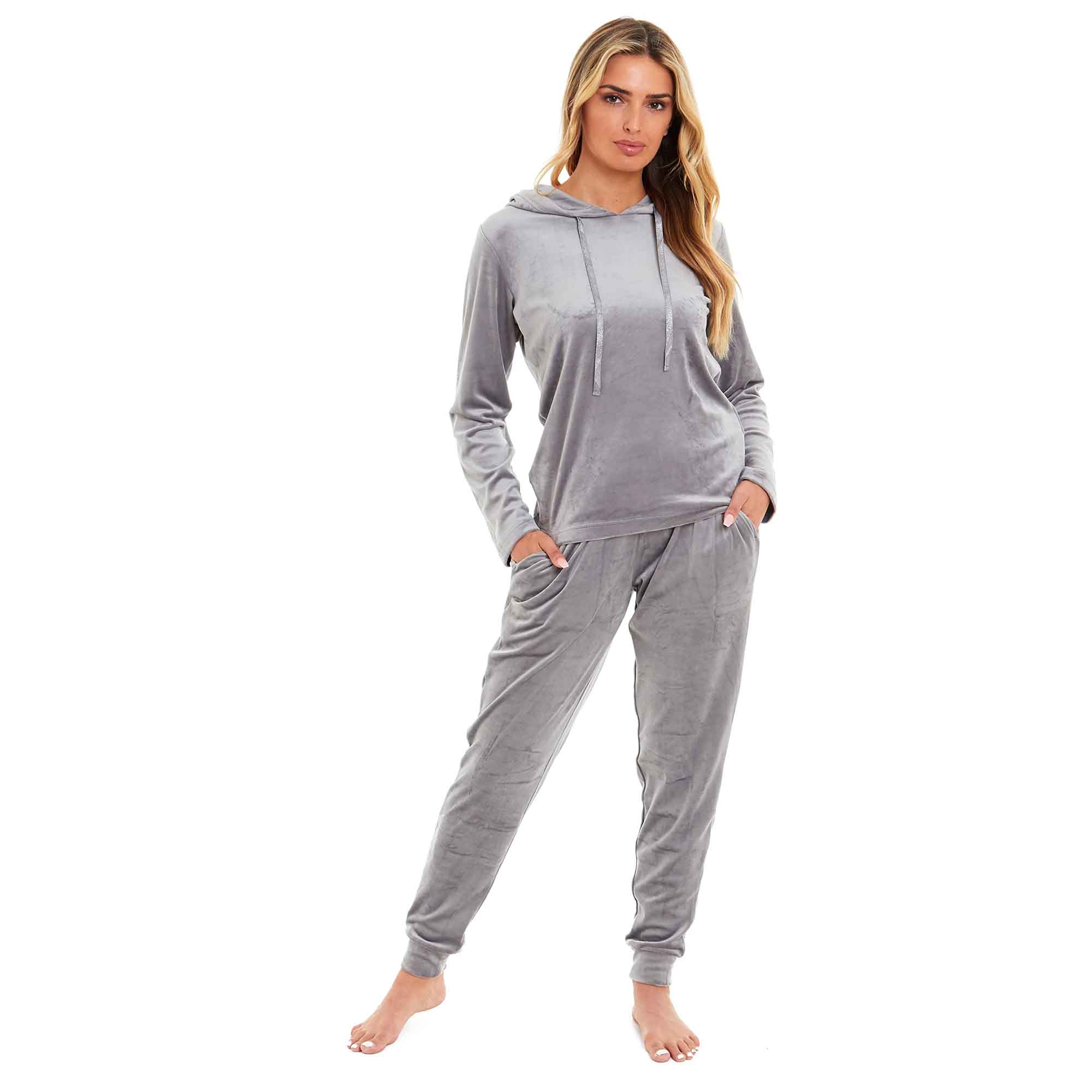 Daisy Dreamer Women's Velour Hooded Pyjama Set Pink Grey Super Soft Fleece Loungewear