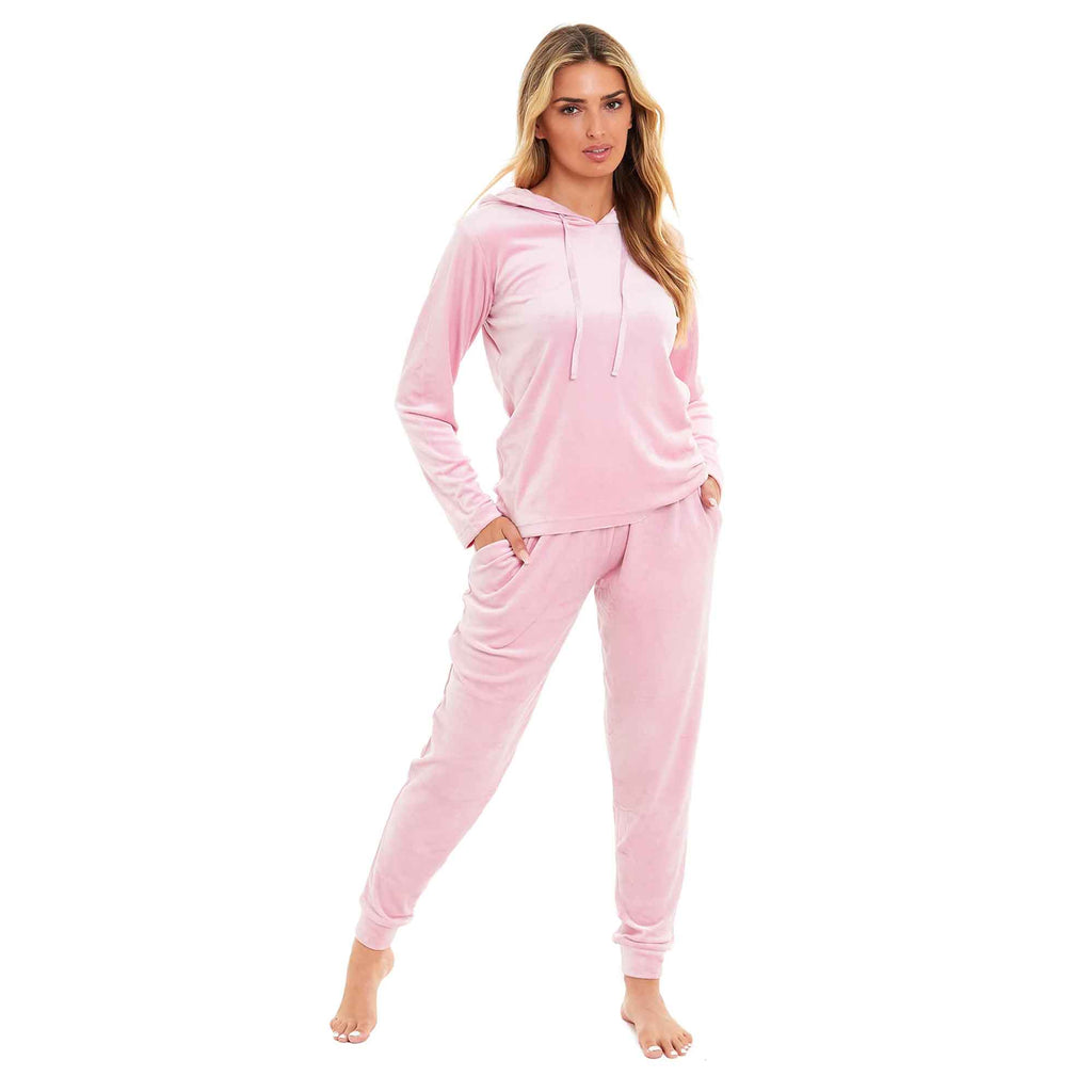 Daisy Dreamer Women's Velour Hooded Pyjama Set Pink Grey Super Soft Fleece Loungewear
