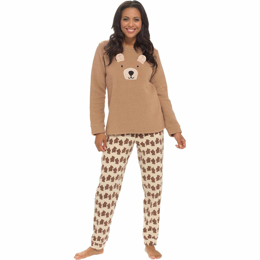 Daisy Dreamer Women's Teddy Bear Fleece Pyjama Set Long Sleeve Top Patterned Elastic