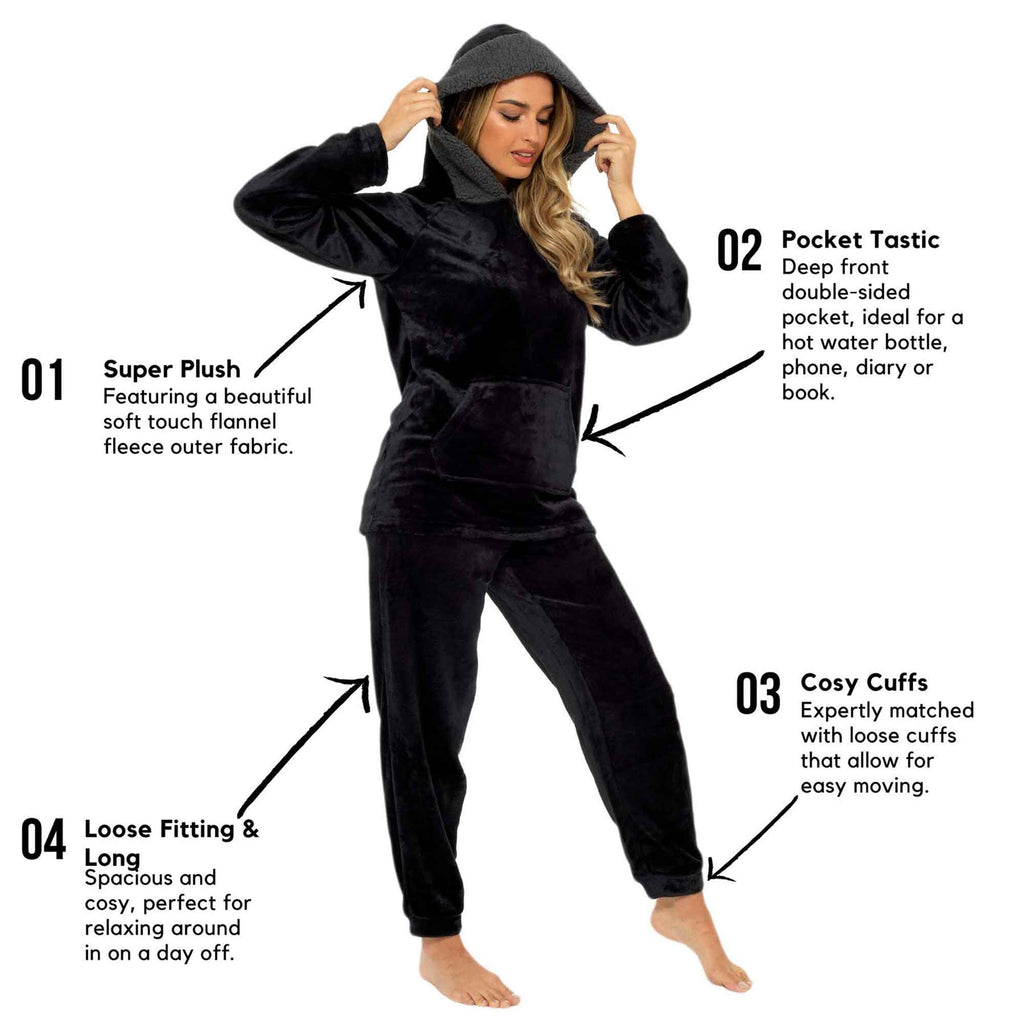 Daisy Dreamer Womens Plush Fleece Hooded Pyjama Set Ultra Soft Winter Nightwear Easy-Care Cotton Rich Sleep Set