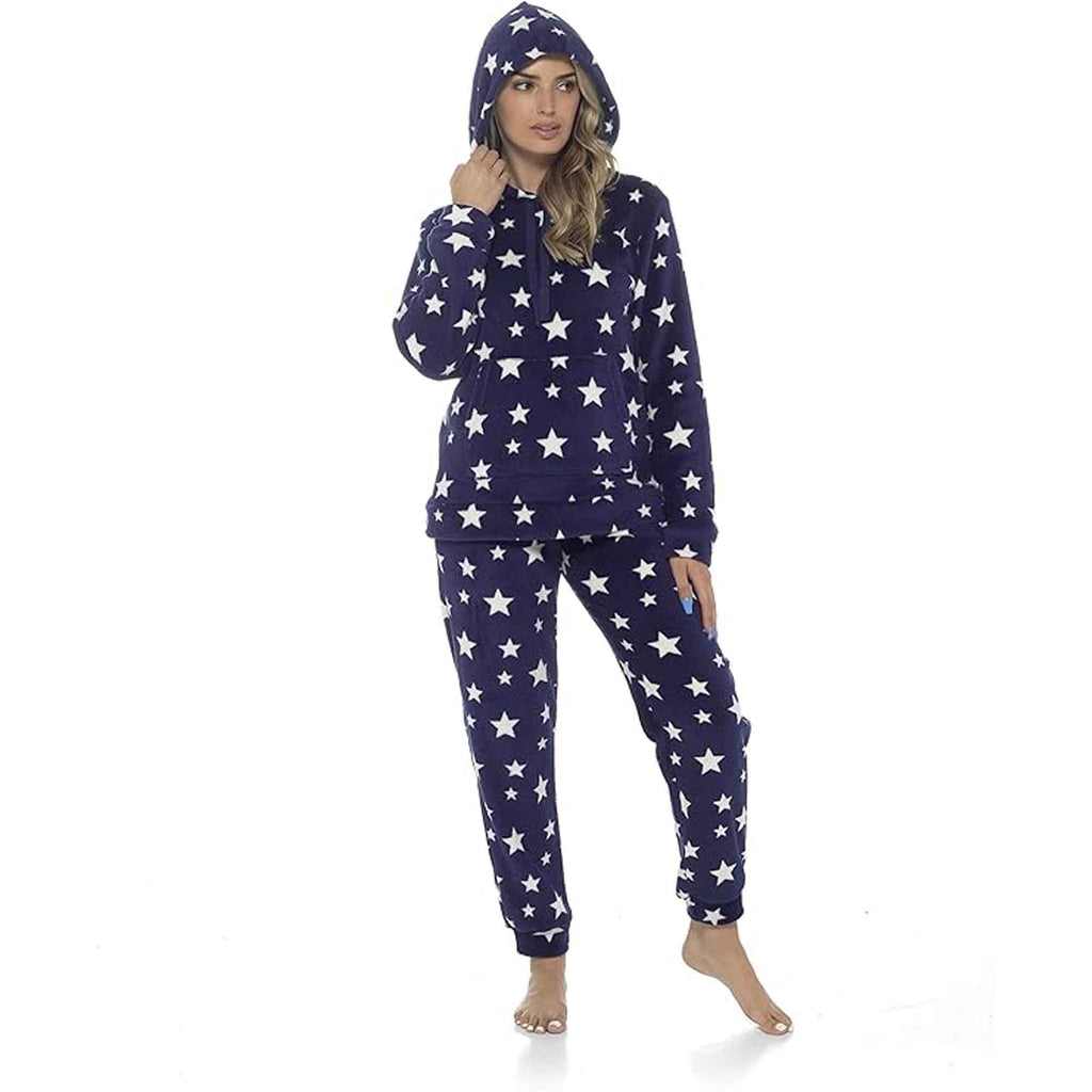 Daisy Dreamer Women's Plush Fleece Hooded Pyjama Set With Star Design Ultra-Soft