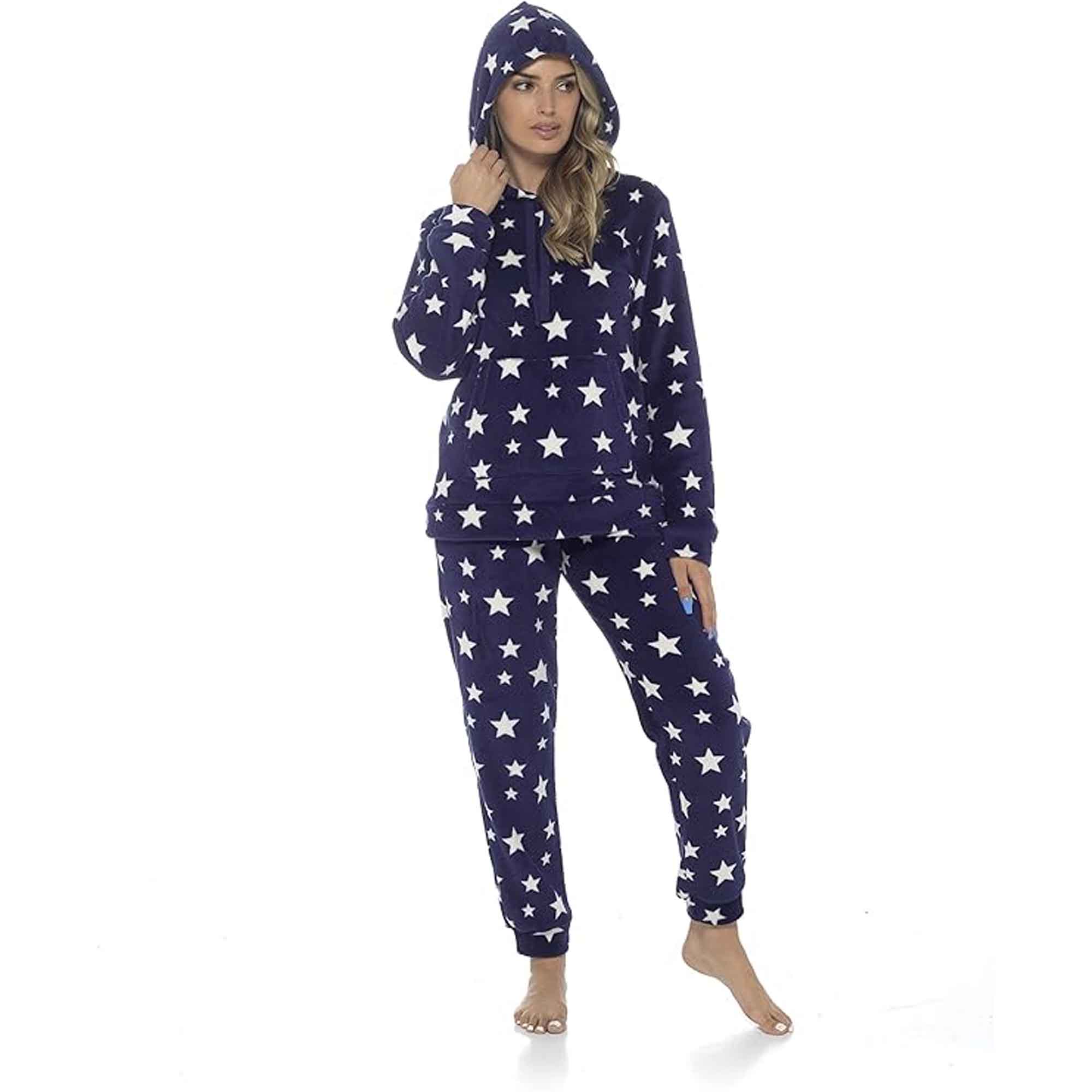 Daisy Dreamer Women's Plush Fleece Hooded Pyjama Set With Star Design Ultra-Soft