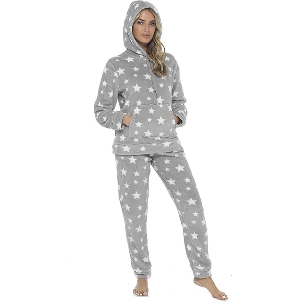 Daisy Dreamer Women's Plush Fleece Hooded Pyjama Set With Star Design Ultra-Soft