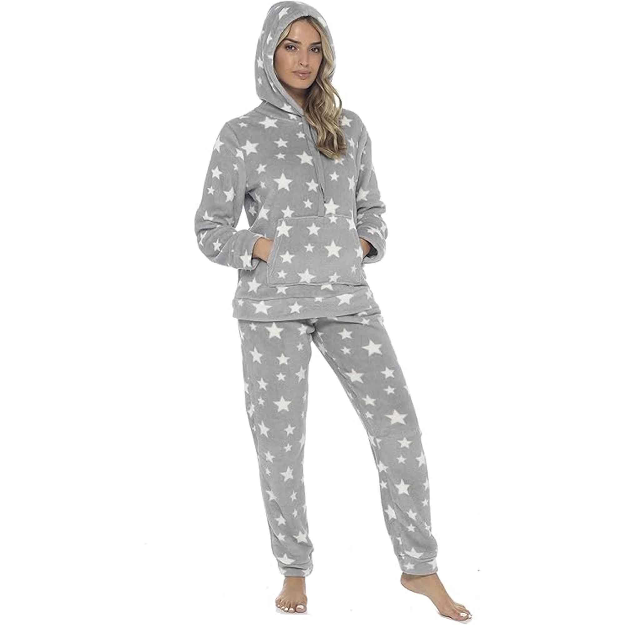 Daisy Dreamer Women's Plush Fleece Hooded Pyjama Set With Star Design Ultra-Soft