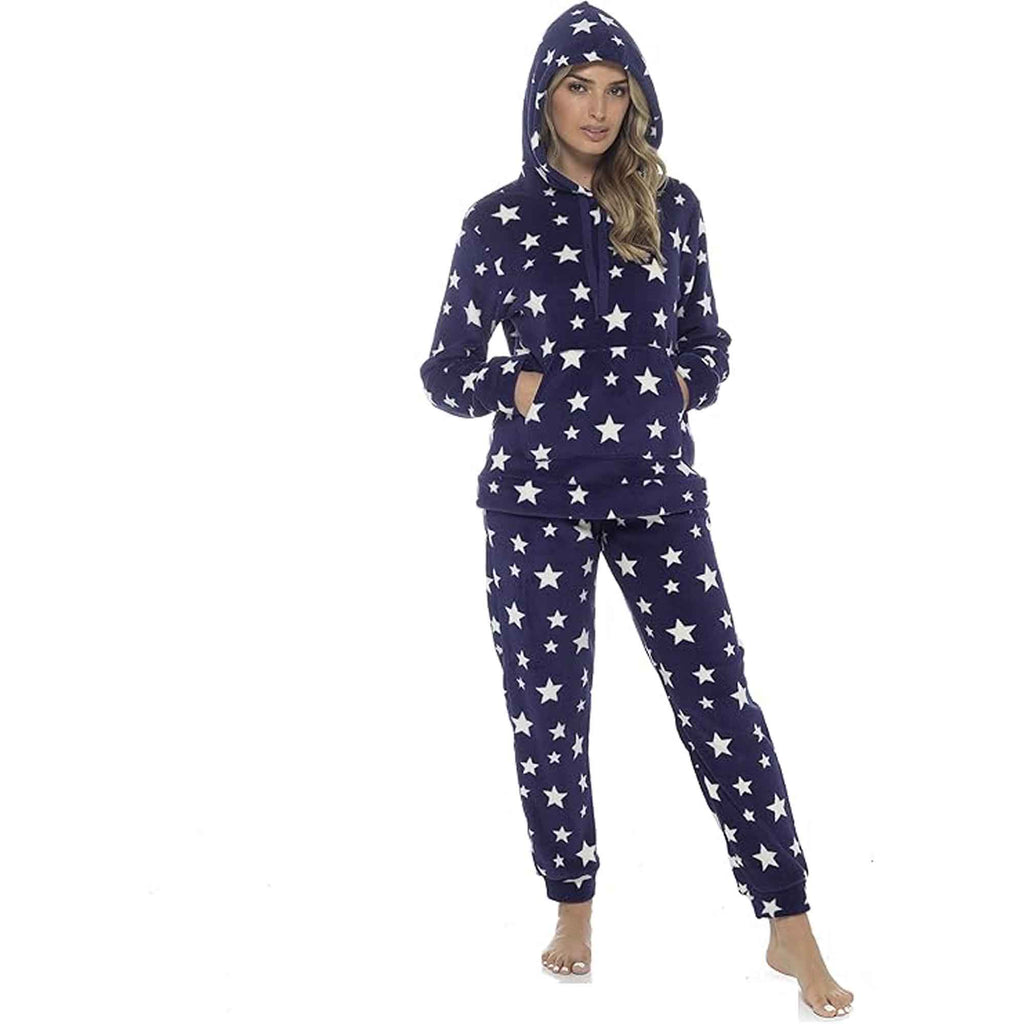 Daisy Dreamer Women's Plush Fleece Hooded Pyjama Set With Star Design Ultra-Soft