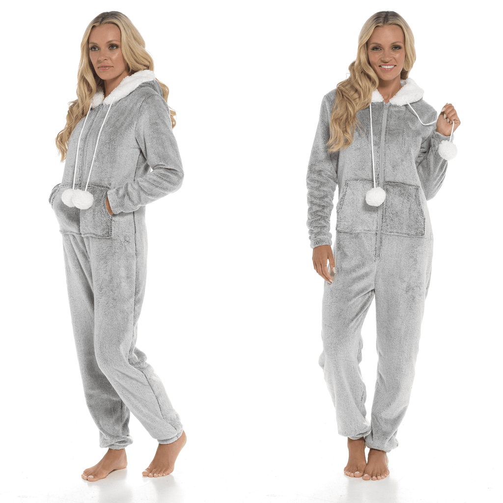 Daisy Dreamer Women's Shimmer Fleece Hooded Onesie Pyjama With Zip Pockets And Pompoms