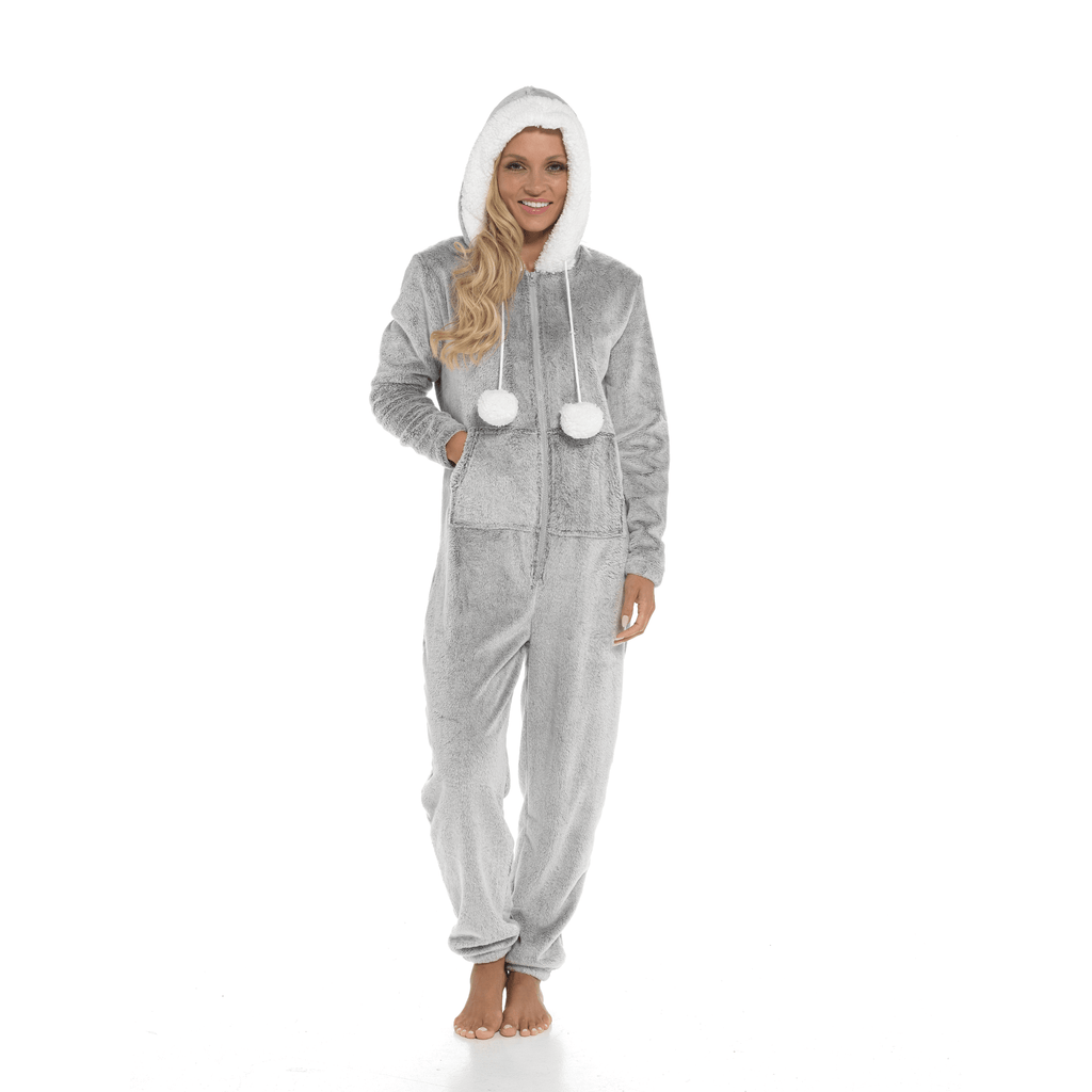 Daisy Dreamer Women's Shimmer Fleece Hooded Onesie Pyjama With Zip Pockets And Pompoms